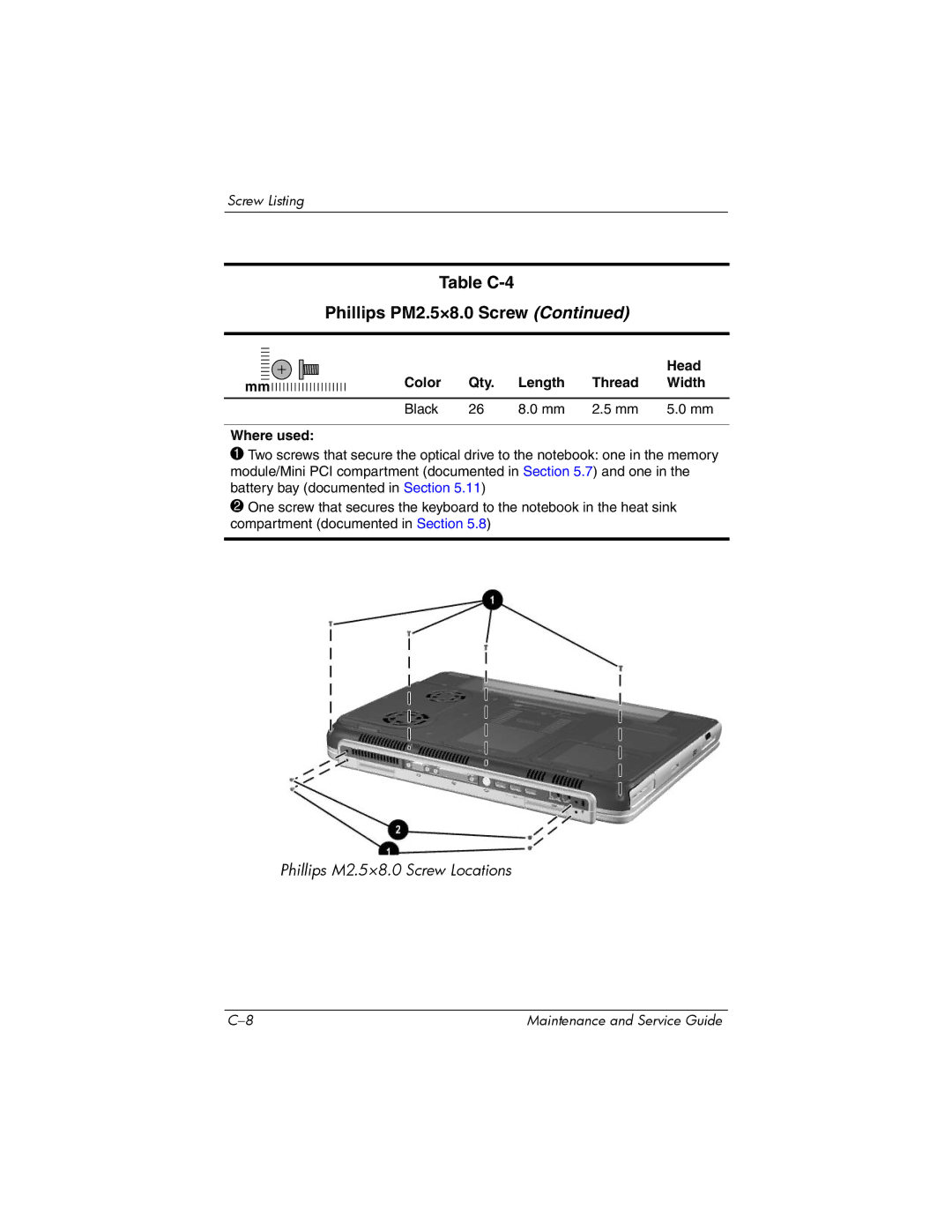 HP NX9500 manual Table C-4 Phillips PM2.5×8.0 Screw 