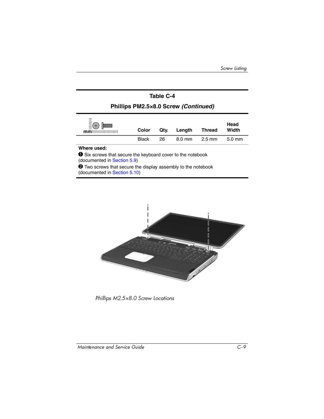 HP NX9500 manual Table C-4 Phillips PM2.5×8.0 Screw 