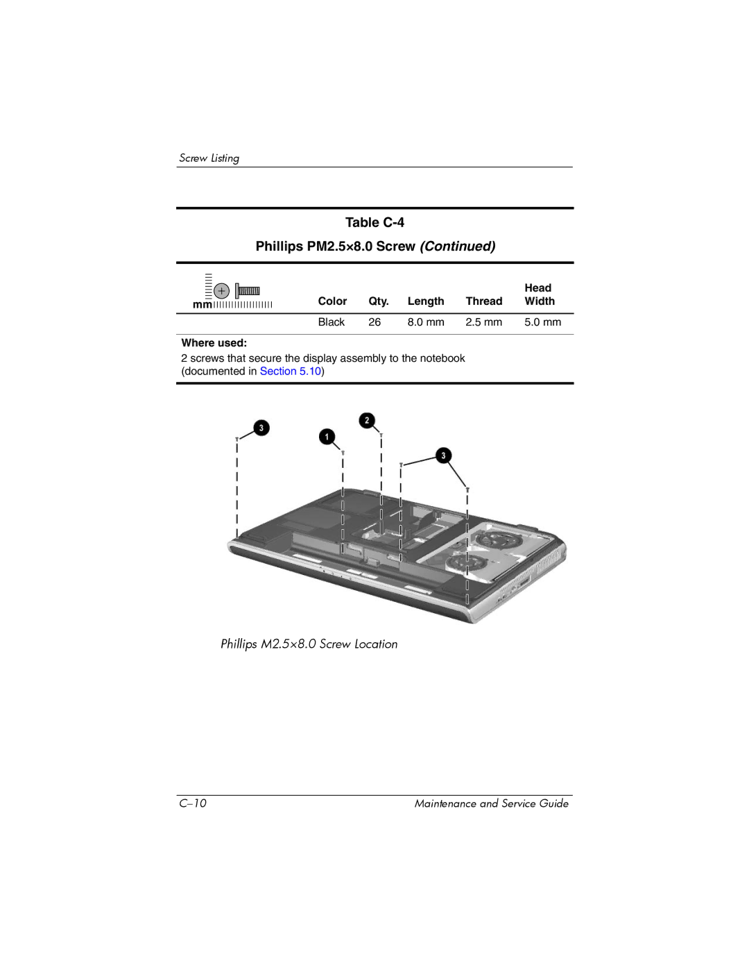 HP NX9500 manual Phillips M2.5×8.0 Screw Location 