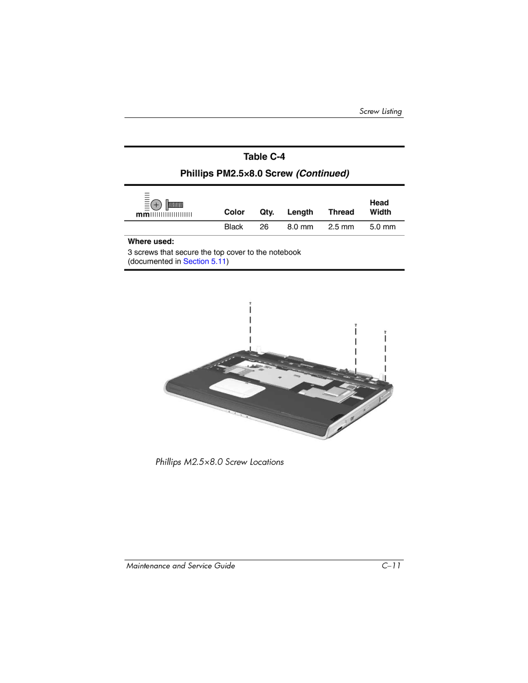 HP NX9500 manual Table C-4 Phillips PM2.5×8.0 Screw 