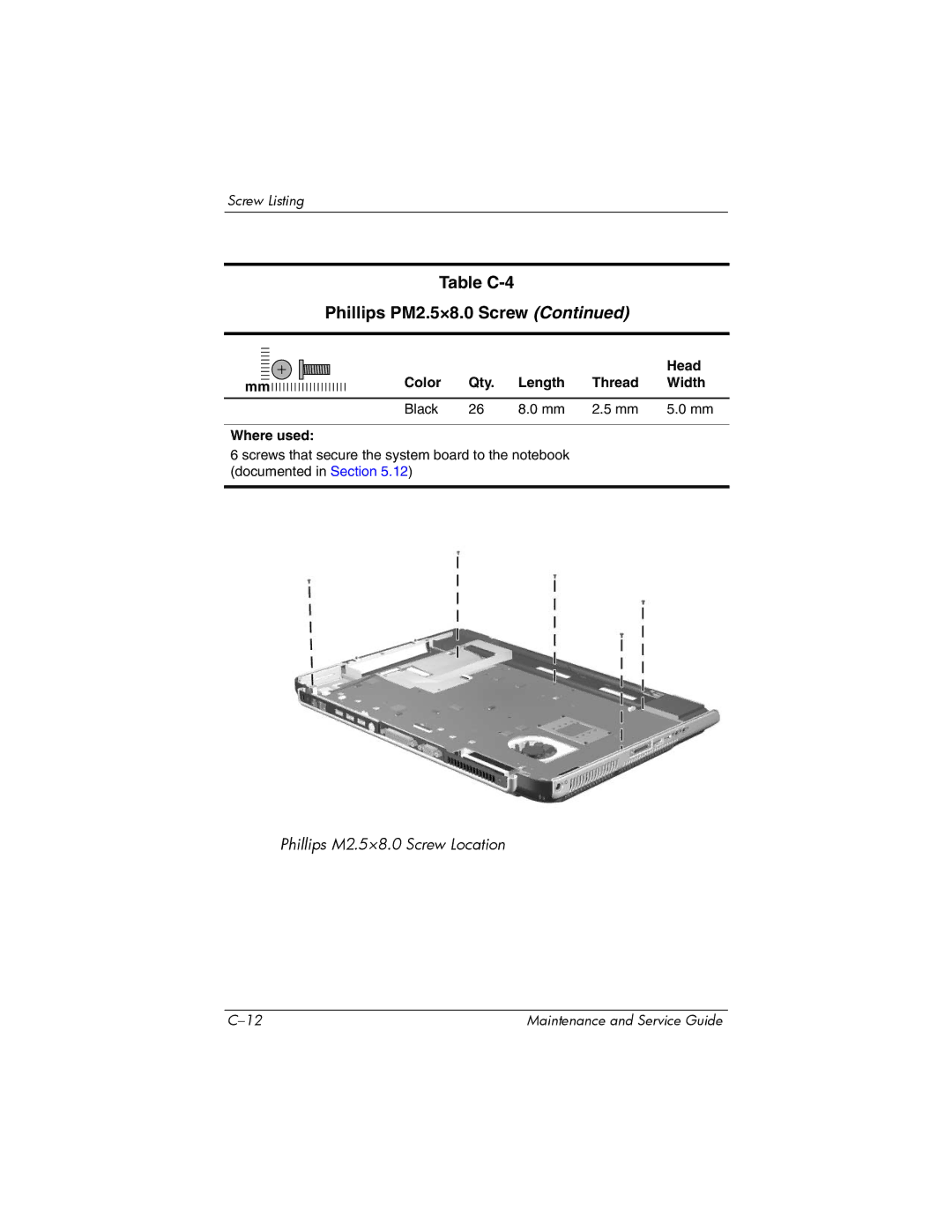 HP NX9500 manual Table C-4 Phillips PM2.5×8.0 Screw 