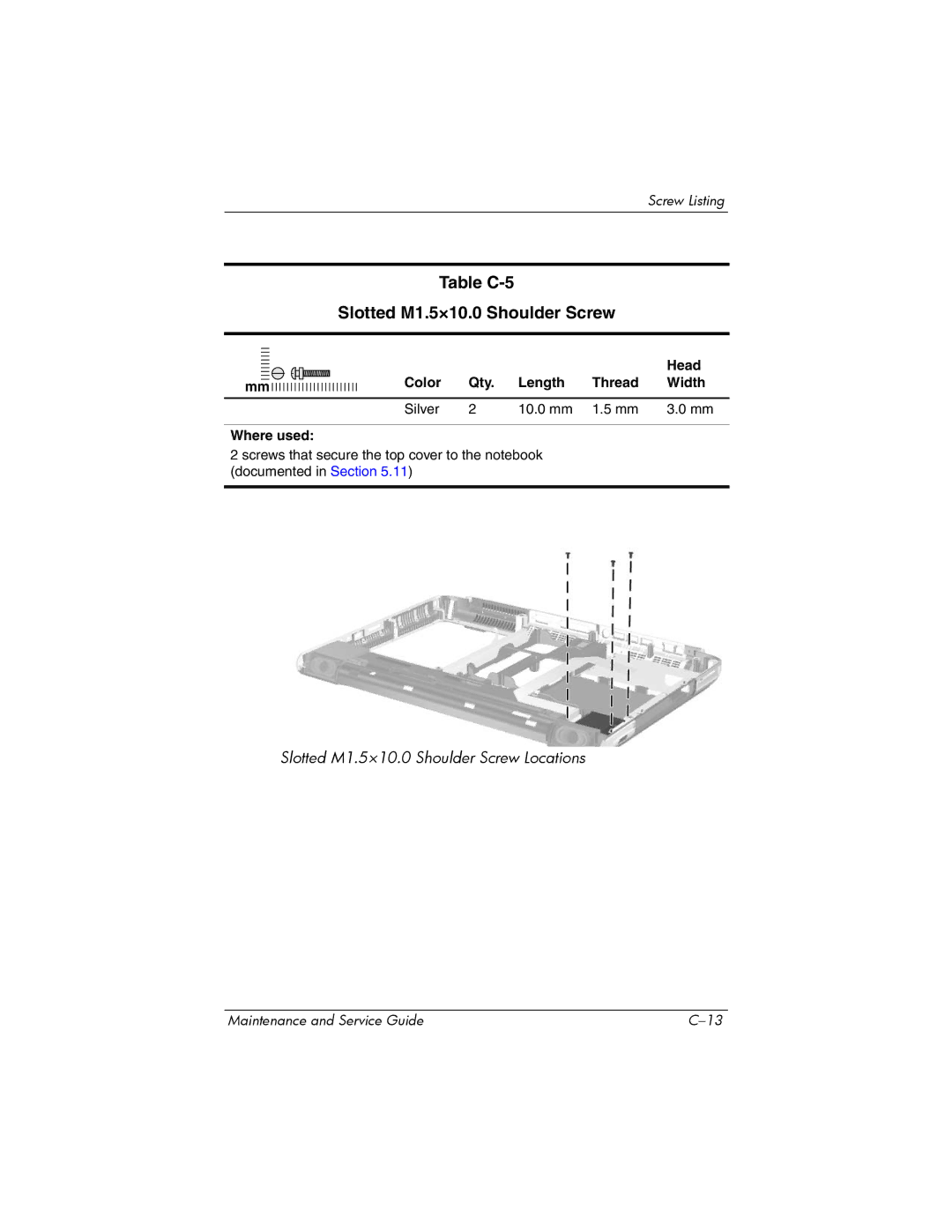 HP NX9500 manual Table C-5 Slotted M1.5×10.0 Shoulder Screw, Head Color Qty. Length Thread Width 