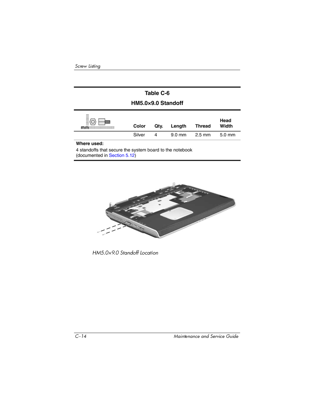 HP NX9500 manual Table C-6 HM5.0×9.0 Standoff, Color Qty Length Thread Width Silver Where used 