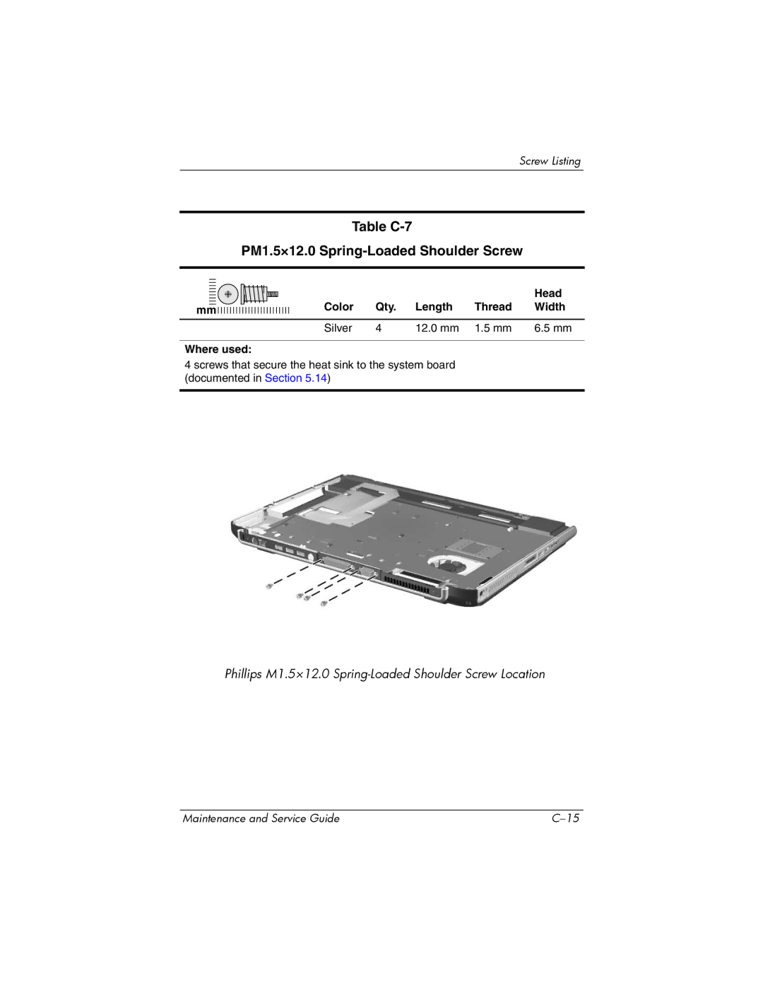 HP NX9500 manual Table C-7 PM1.5×12.0 Spring-Loaded Shoulder Screw, Color Qty Length Thread Width Silver 12.0 mm Where used 