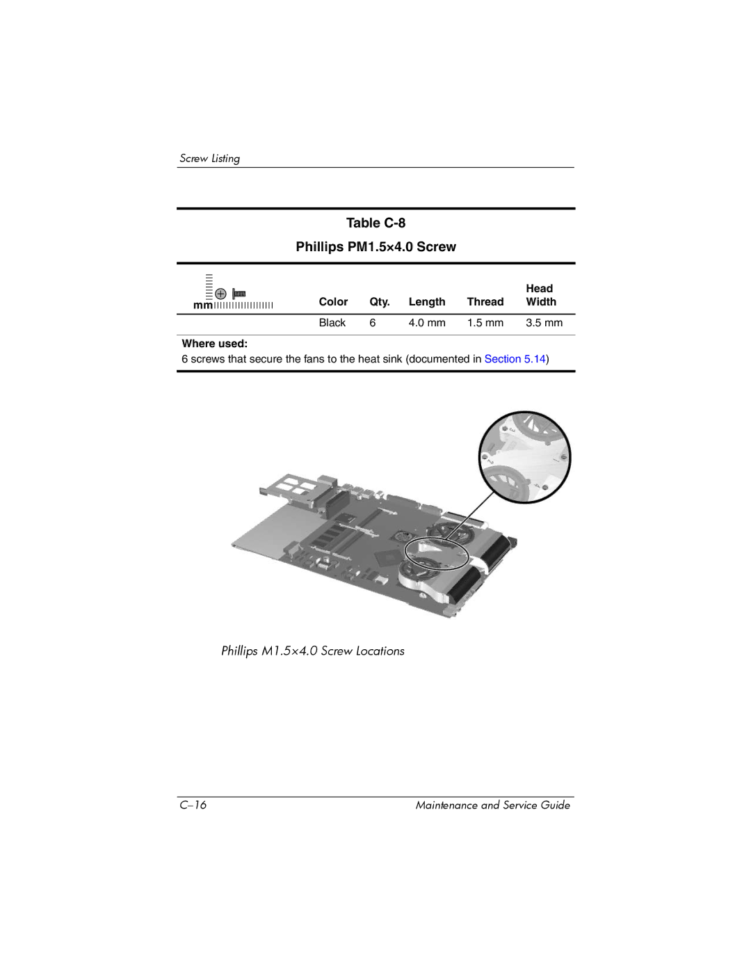 HP NX9500 manual Table C-8 Phillips PM1.5×4.0 Screw, Color Qty Length Thread Width Black Where used 