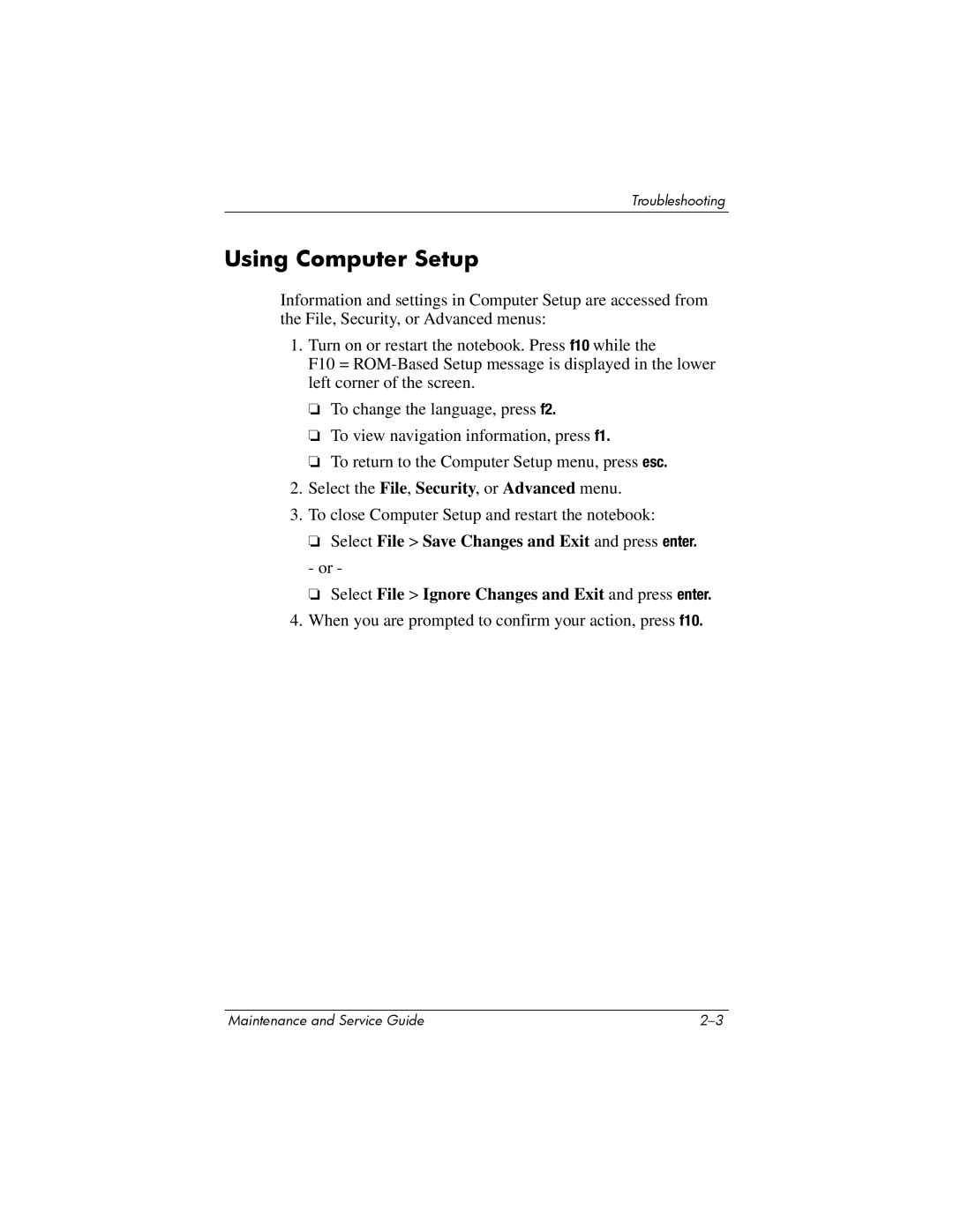 HP NX9500 manual Using Computer Setup 