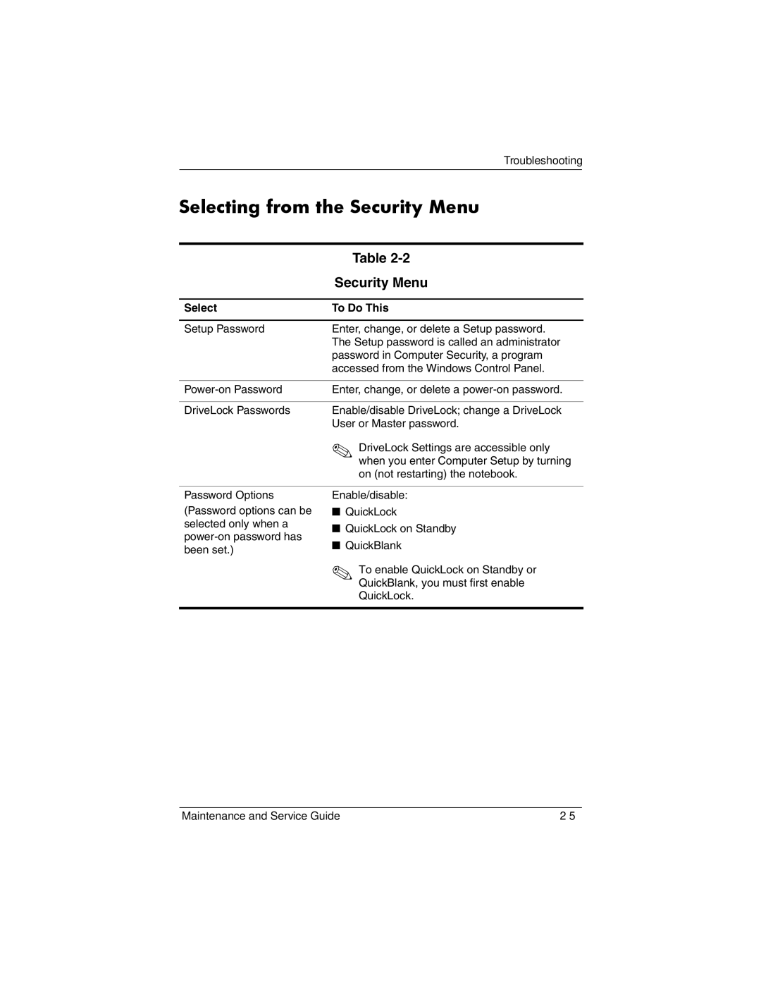 HP NX9500 manual Selecting from the Security Menu 