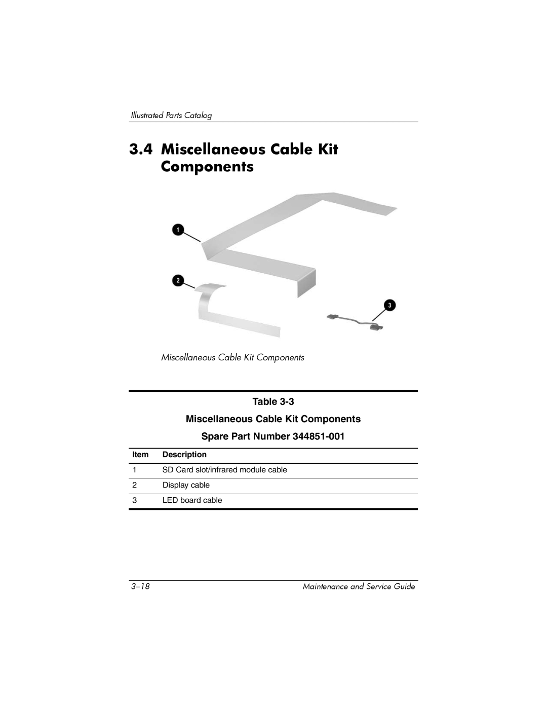 HP NX9500 manual Miscellaneous Cable Kit Components Spare Part Number, Item Description 