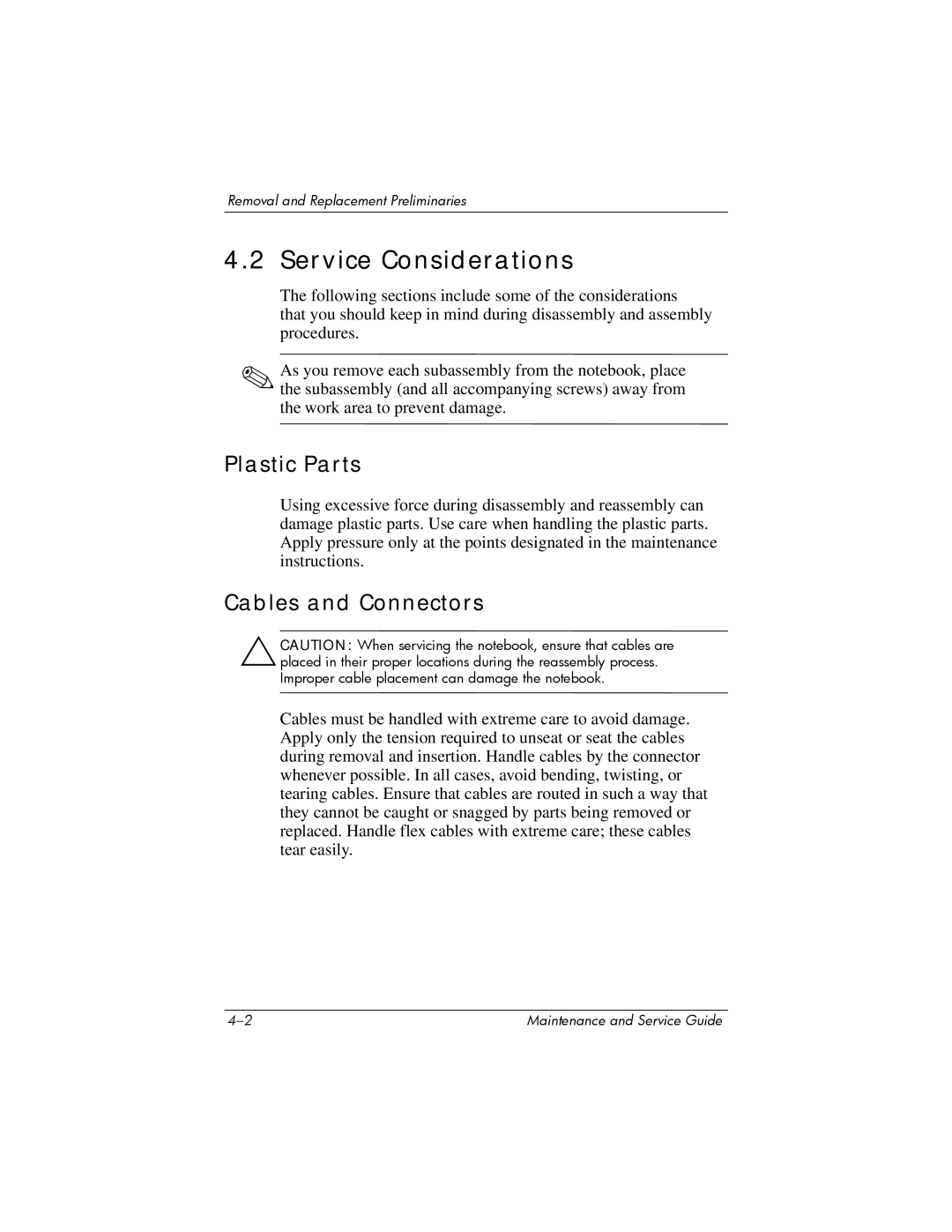 HP NX9500 manual Service Considerations, Plastic Parts 