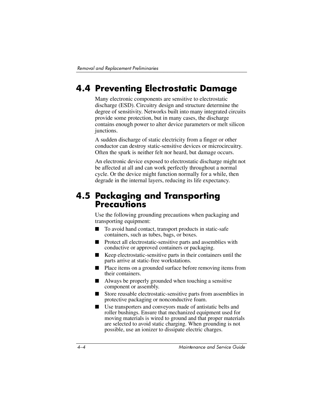 HP NX9500 manual Preventing Electrostatic Damage, Packaging and Transporting Precautions 