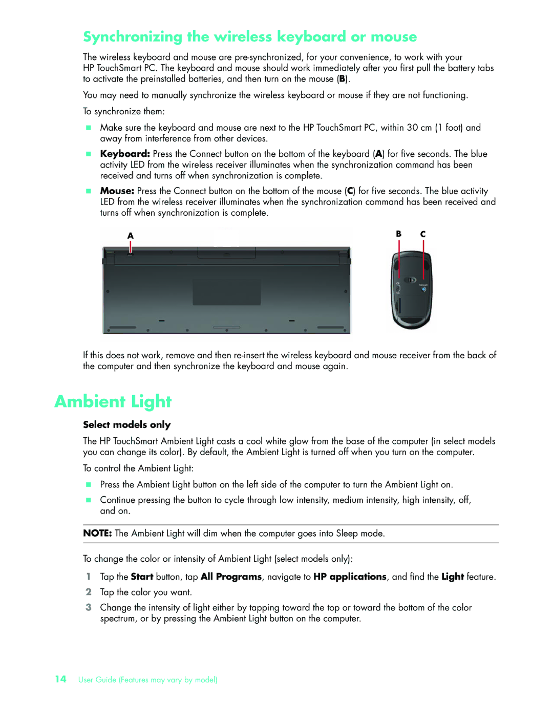 HP NY539AA, 575611-001 manual Ambient Light, Synchronizing the wireless keyboard or mouse, Select models only 