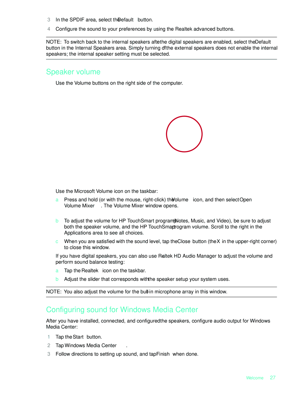 HP 575611-001, NY539AA manual Speaker volume, Configuring sound for Windows Media Center, Tap Windows Media Center 