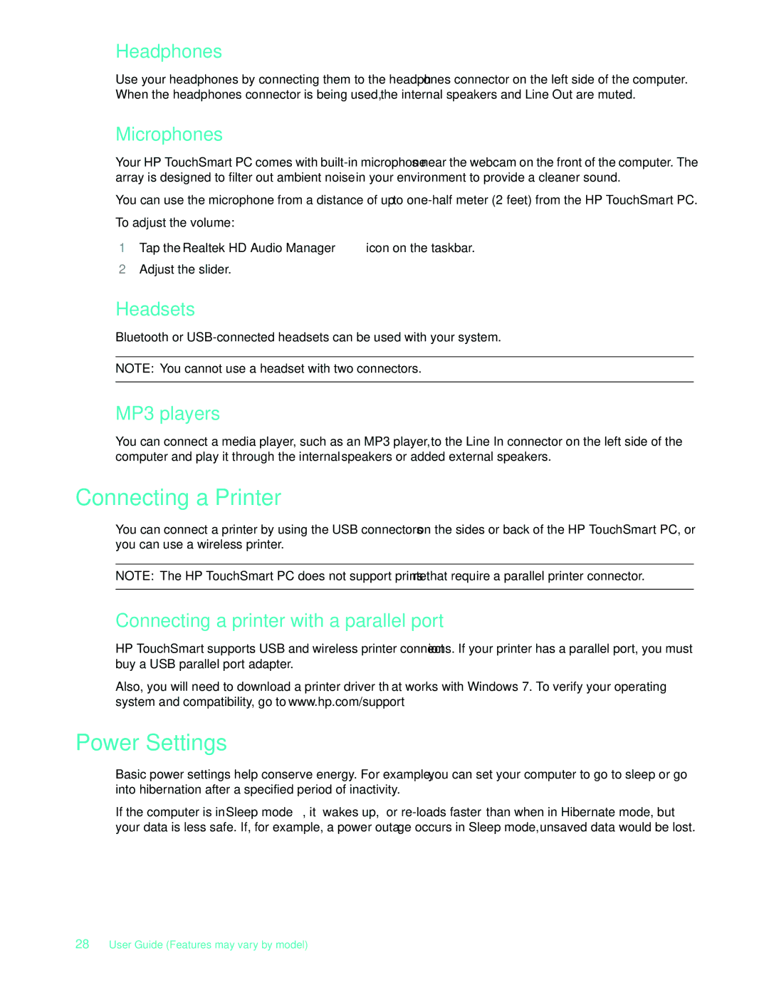 HP NY539AA, 575611-001 manual Connecting a Printer, Power Settings 