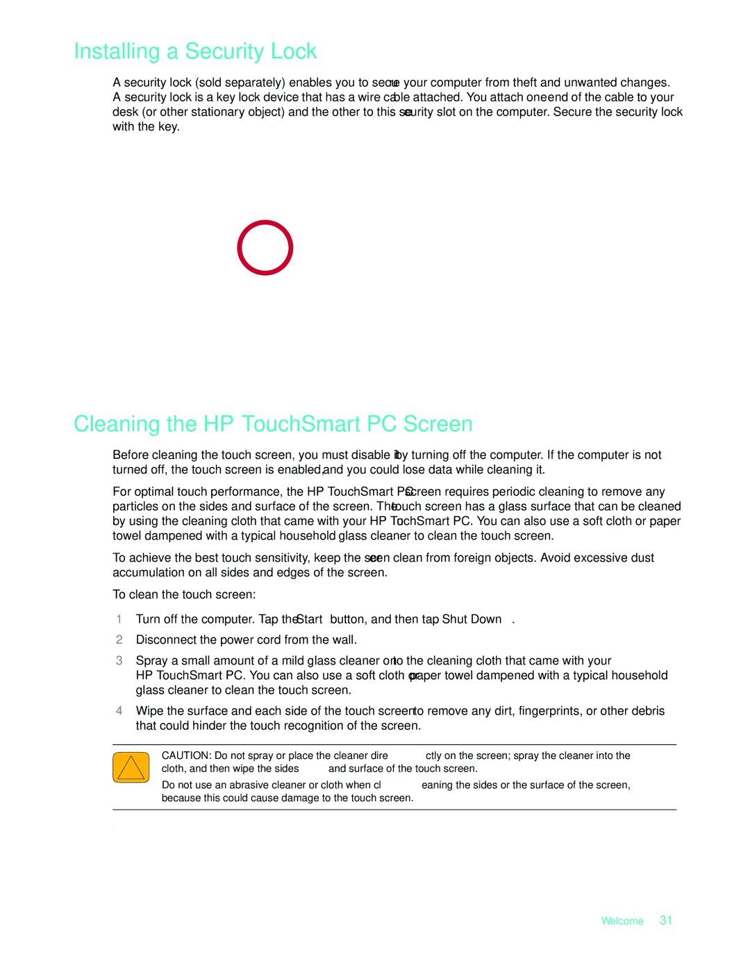 HP 575611-001, NY539AA manual Installing a Security Lock, Cleaning the HP TouchSmart PC Screen 