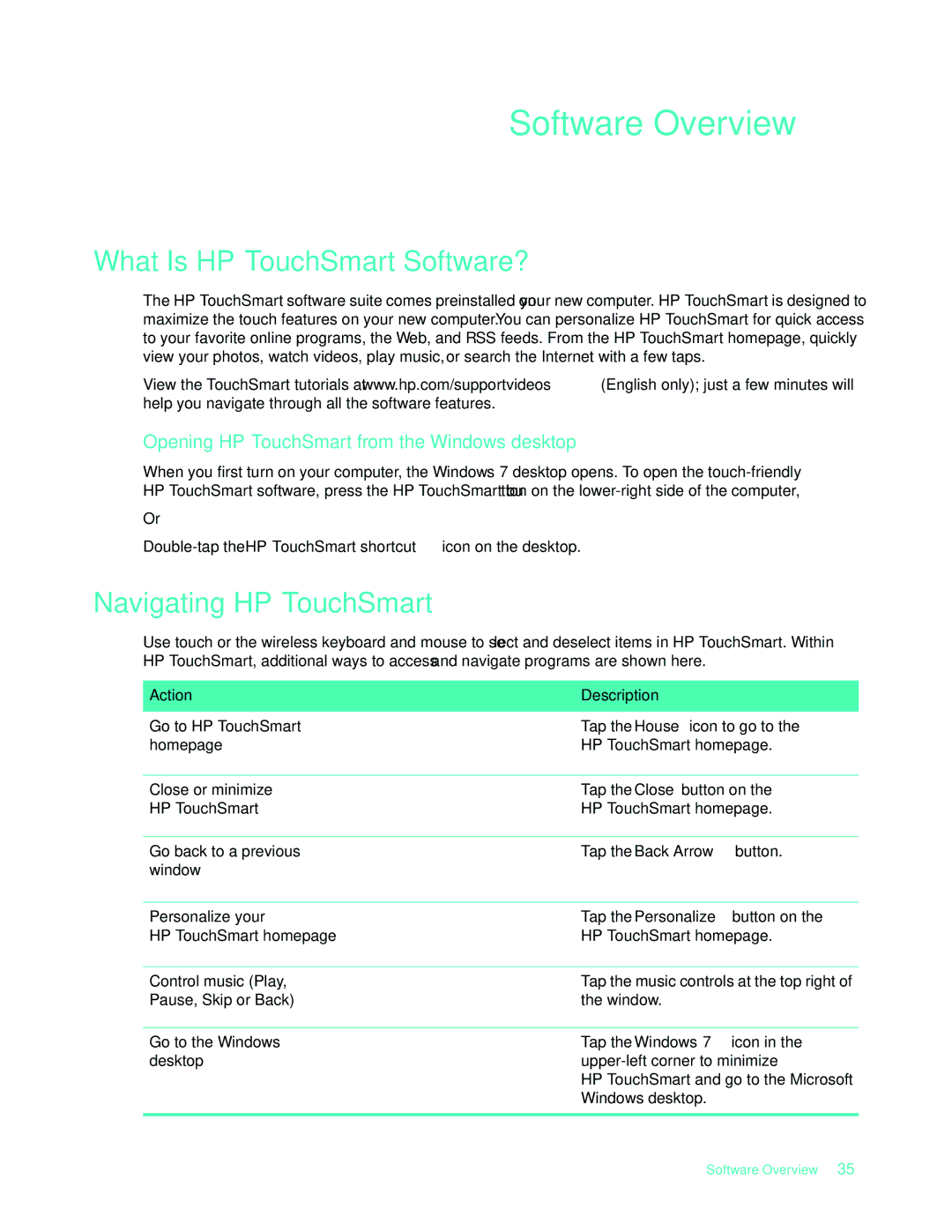 HP 575611-001 What Is HP TouchSmart Software?, Navigating HP TouchSmart, Opening HP TouchSmart from the Windows desktop 