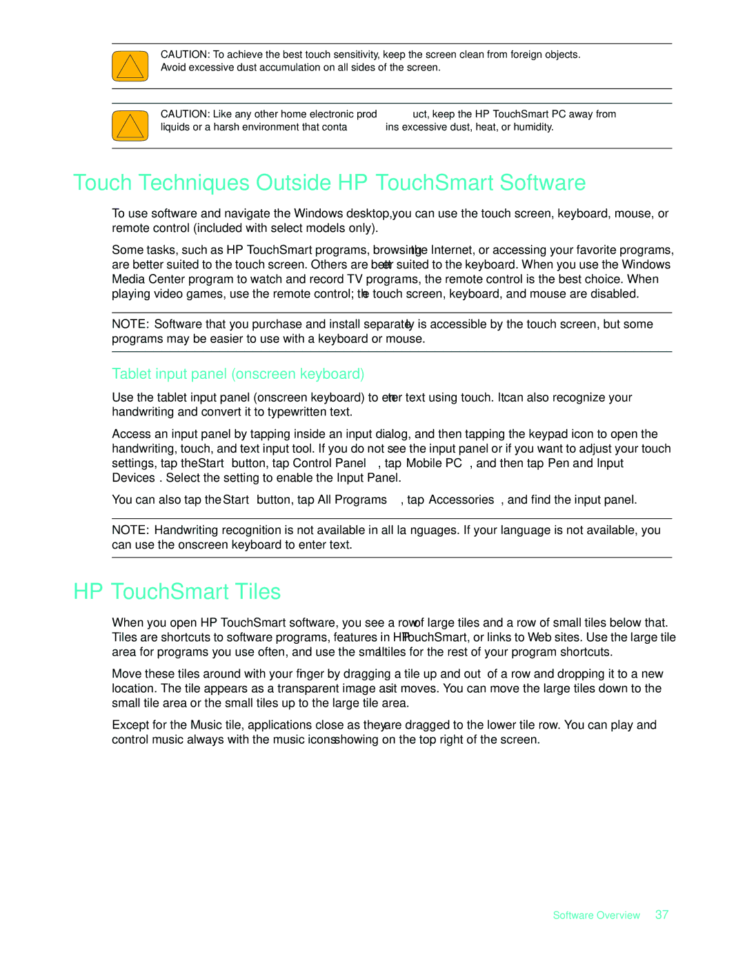HP 575611-001 Touch Techniques Outside HP TouchSmart Software, HP TouchSmart Tiles, Tablet input panel onscreen keyboard 
