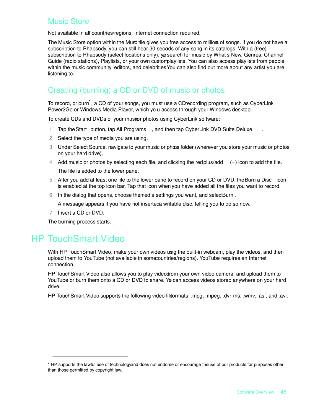 HP 575611-001, NY539AA manual HP TouchSmart Video, Music Store, Creating burning a CD or DVD of music or photos 