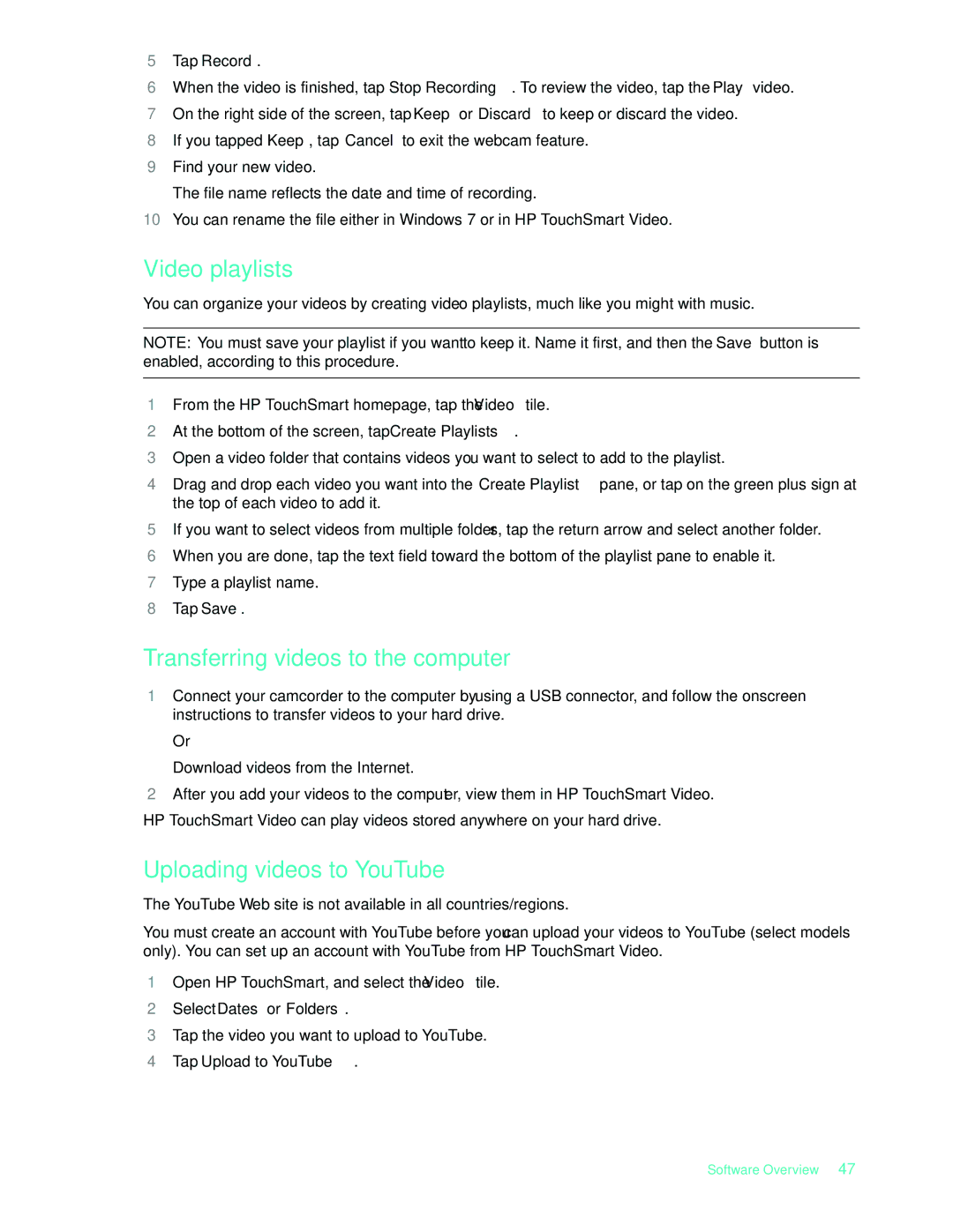 HP 575611-001, NY539AA manual Video playlists, Transferring videos to the computer, Uploading videos to YouTube 
