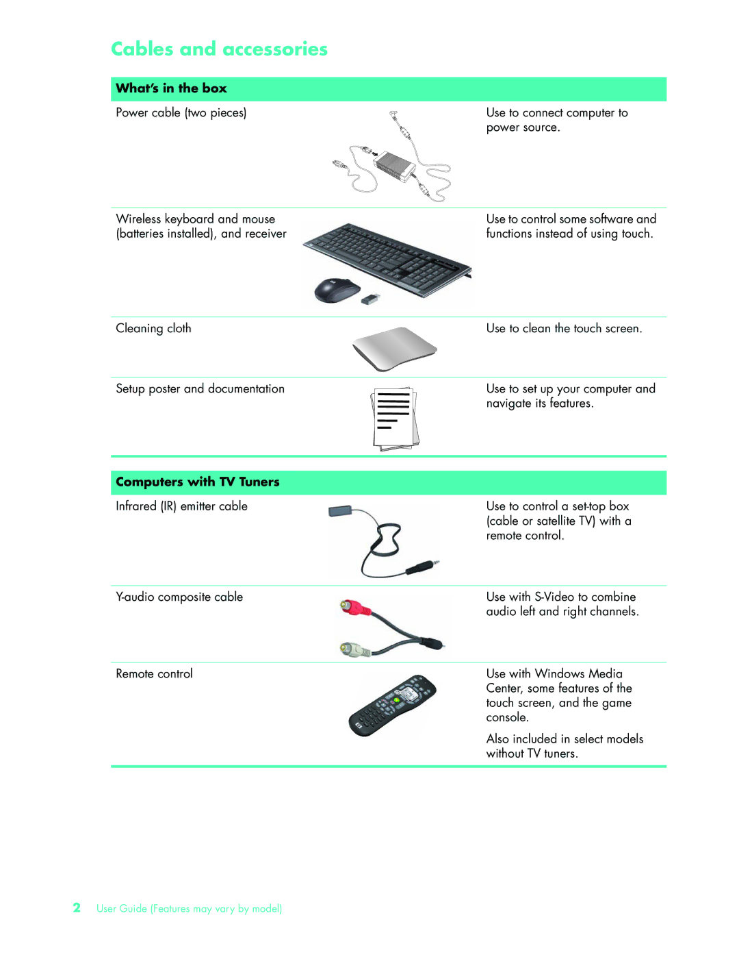 HP NY539AA, 575611-001 manual Cables and accessories, What’s in the box, Computers with TV Tuners 