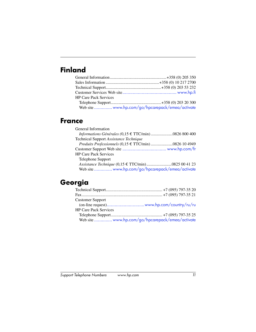 HP Office Headset 332630-005 manual Finland, France, Georgia 