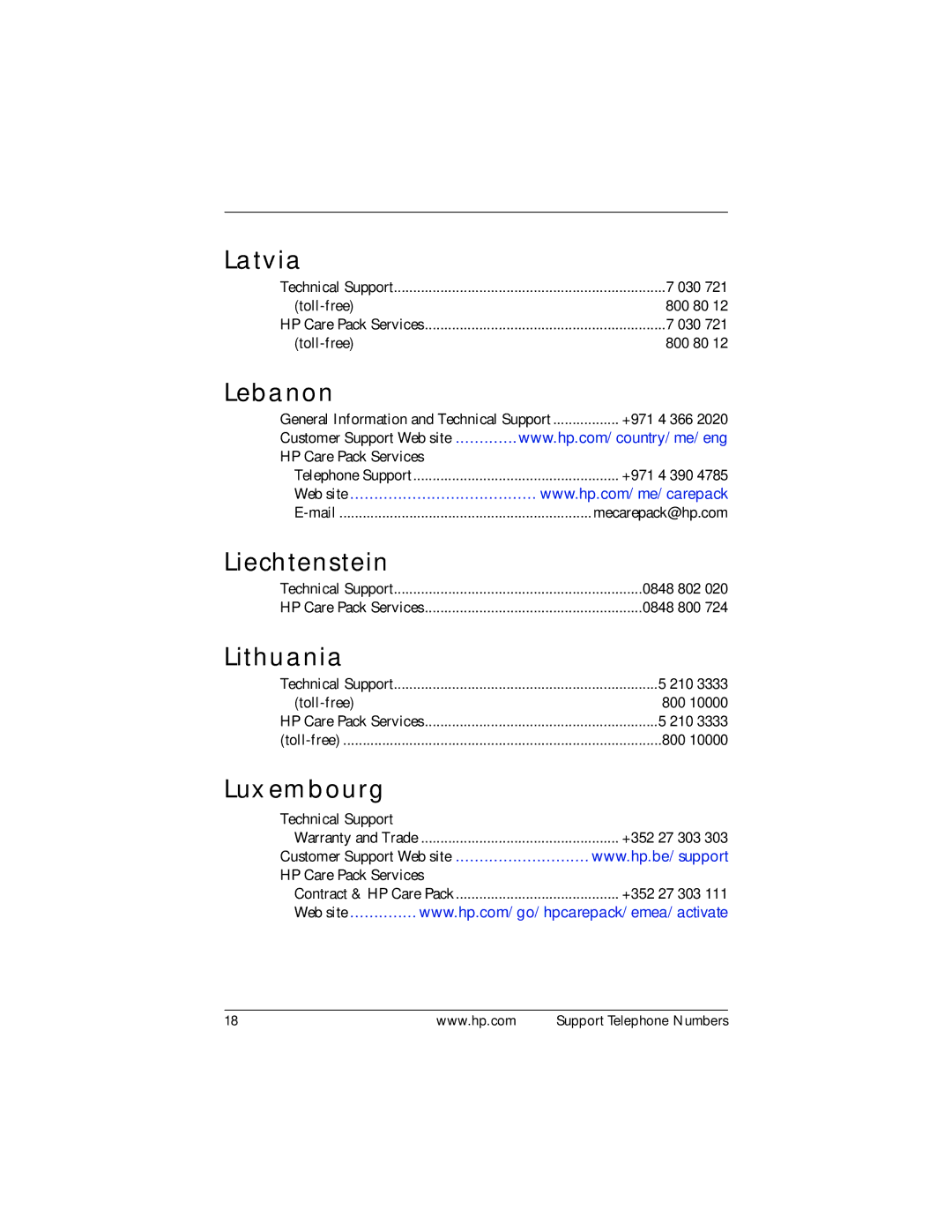 HP Office Headset 332630-005 manual Latvia, Lebanon, Liechtenstein, Lithuania, Luxembourg 