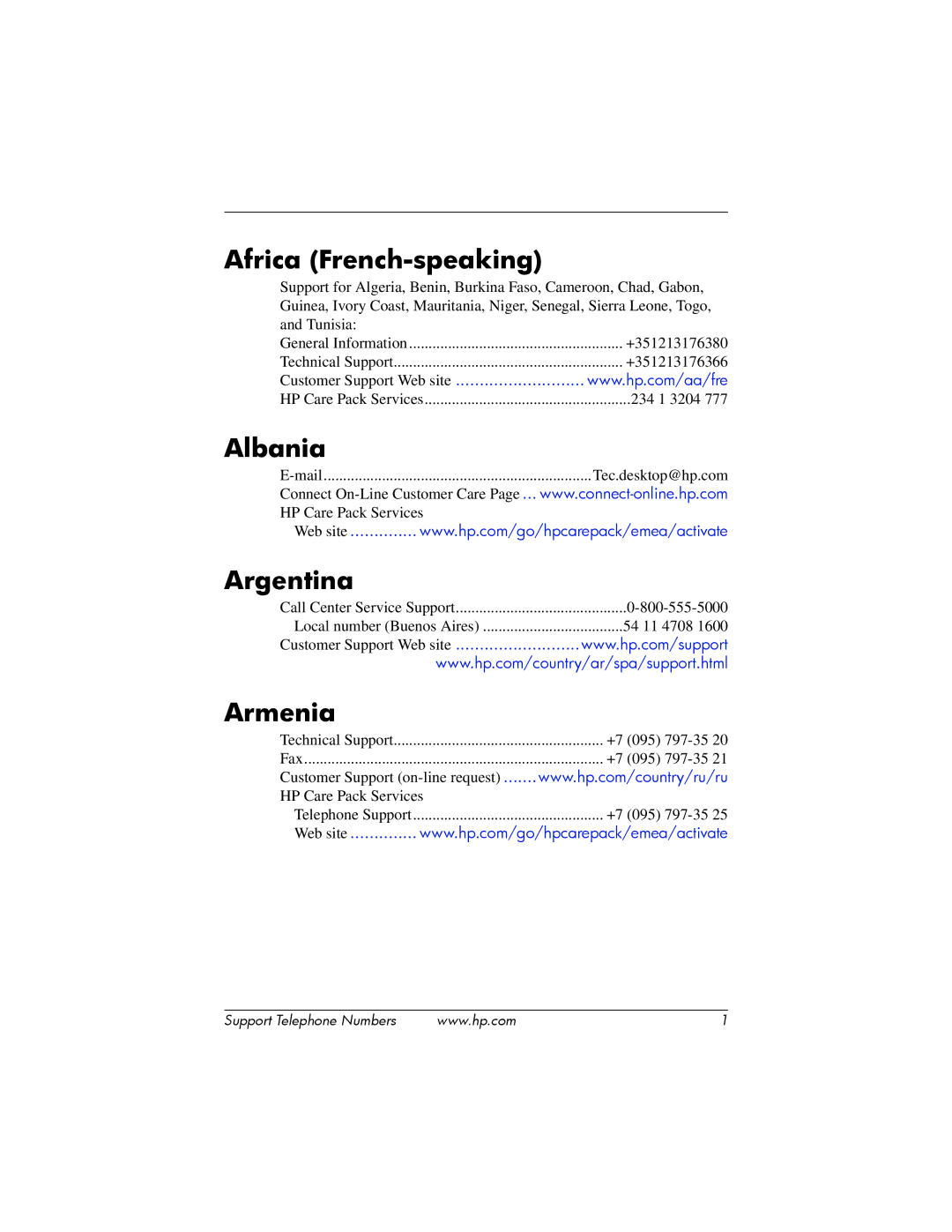 HP Office Headset 332630-005 manual Africa French-speaking, Albania, Argentina, Armenia 