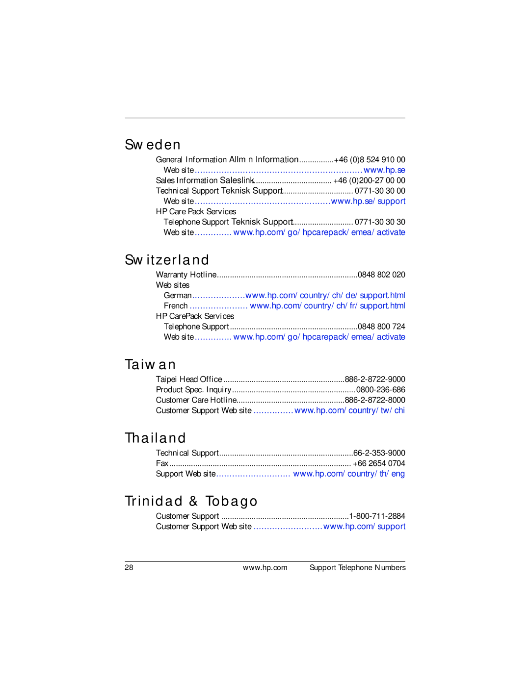 HP Office Headset 332630-005 manual Sweden, Switzerland, Taiwan, Thailand, Trinidad & Tobago 