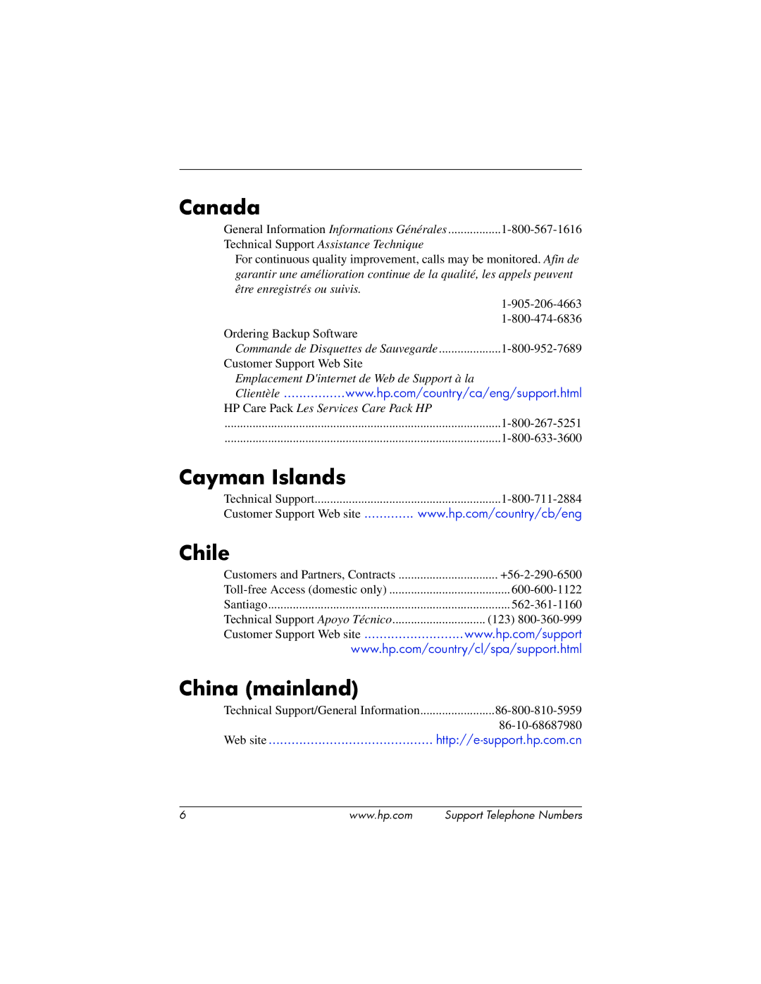 HP Office Headset 332630-005 manual Canada, Cayman Islands, Chile, China mainland 