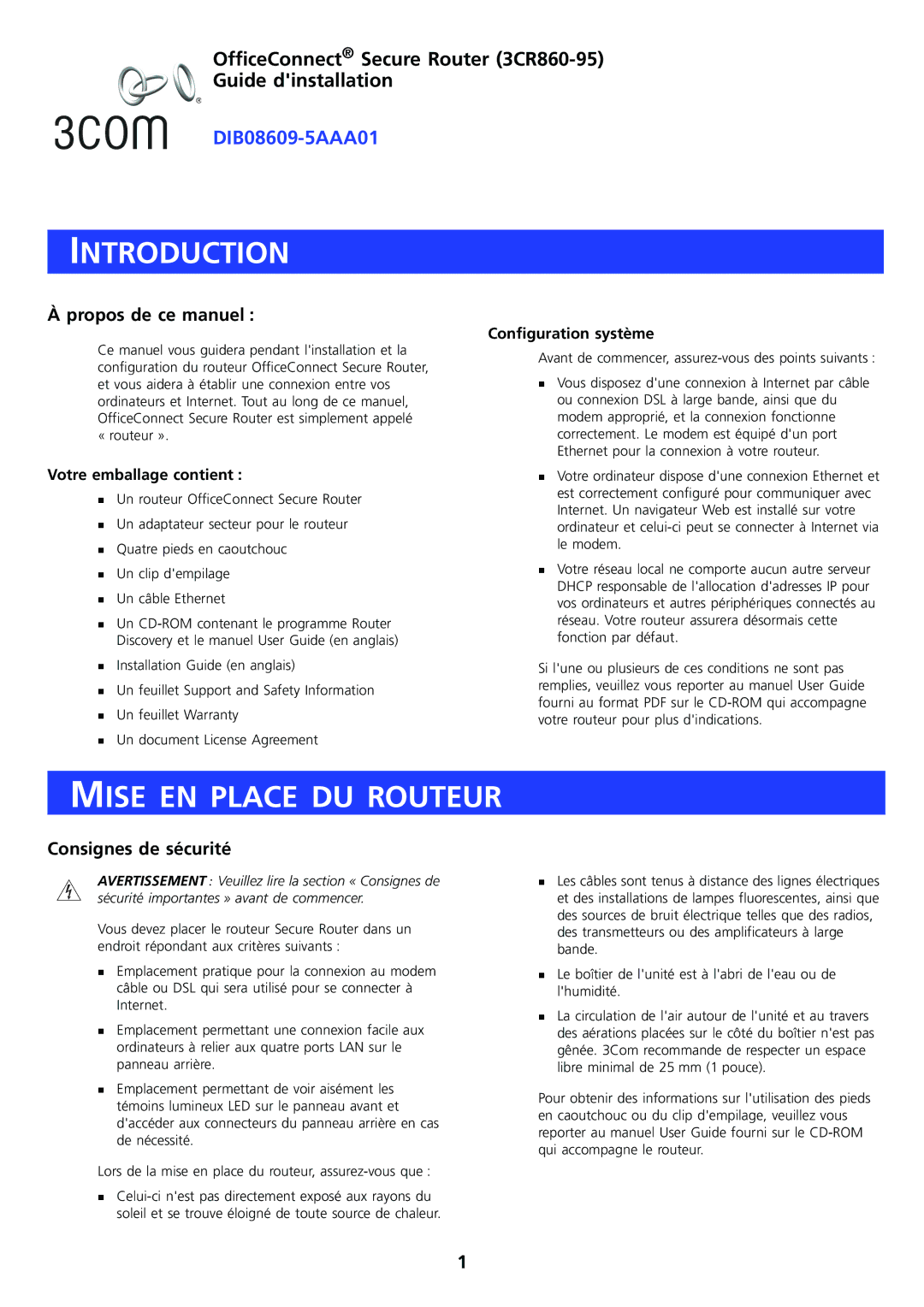 HP OfficeConnect Router manual Introduction, Mise EN Place DU Routeur, Propos de ce manuel, Consignes de sécurité 