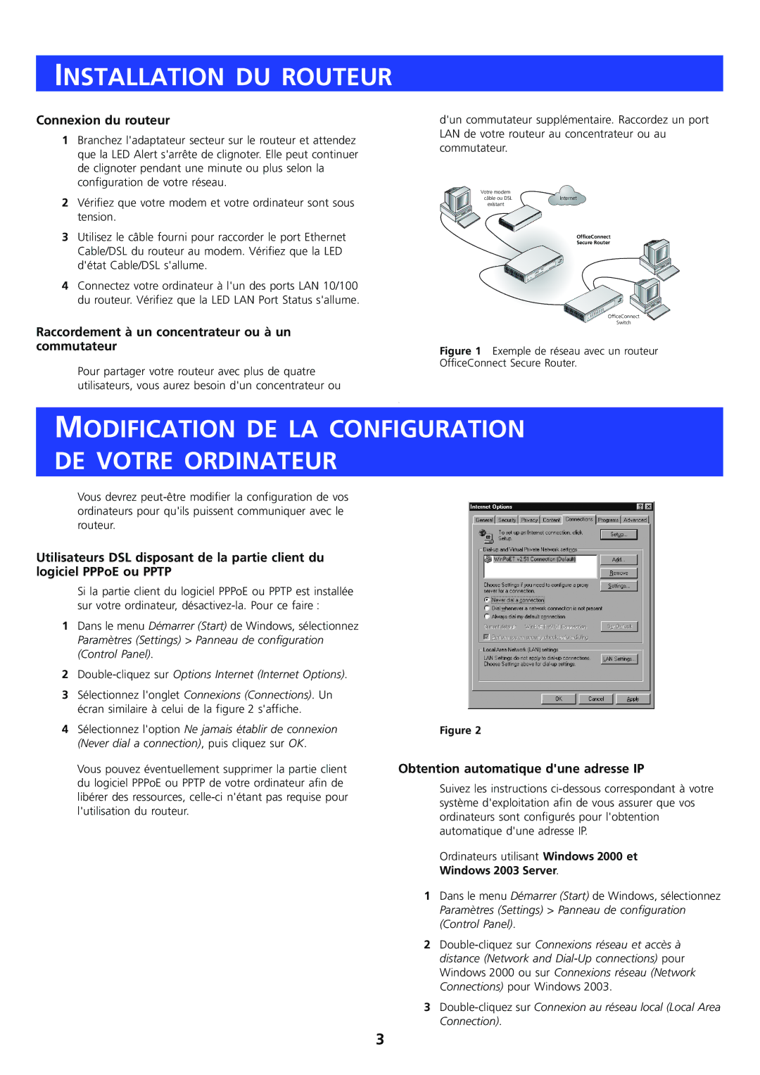 HP OfficeConnect Router manual Installation DU Routeur, Modification DE LA Configuration DE Votre Ordinateur 