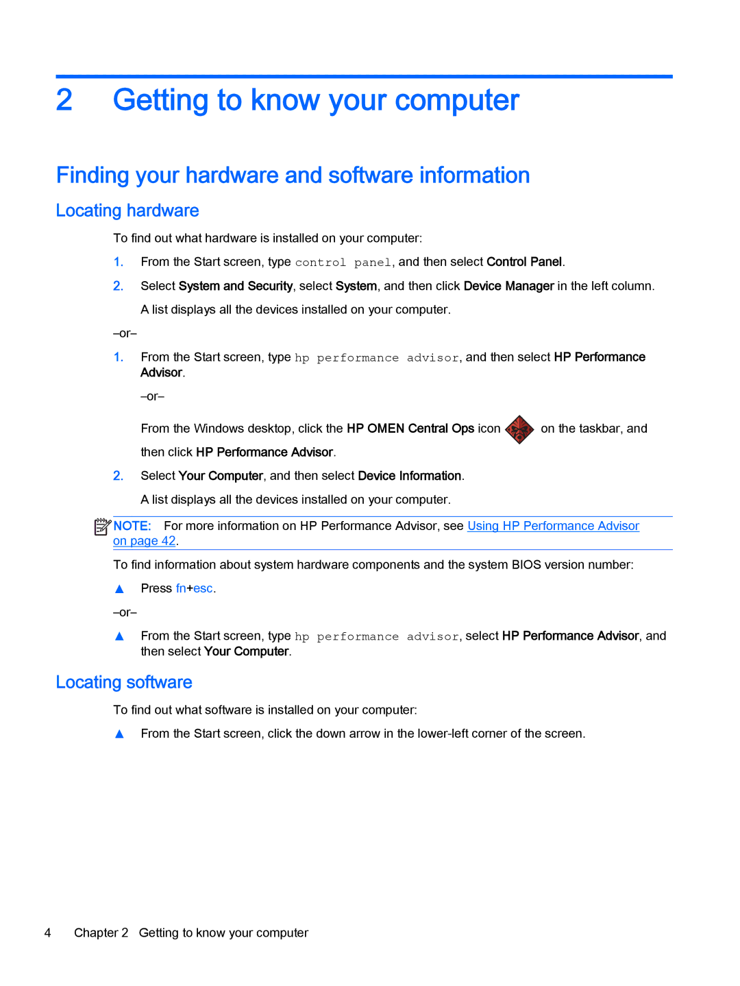 HP OMEN - 15t-5000 manual Getting to know your computer, Finding your hardware and software information, Locating hardware 