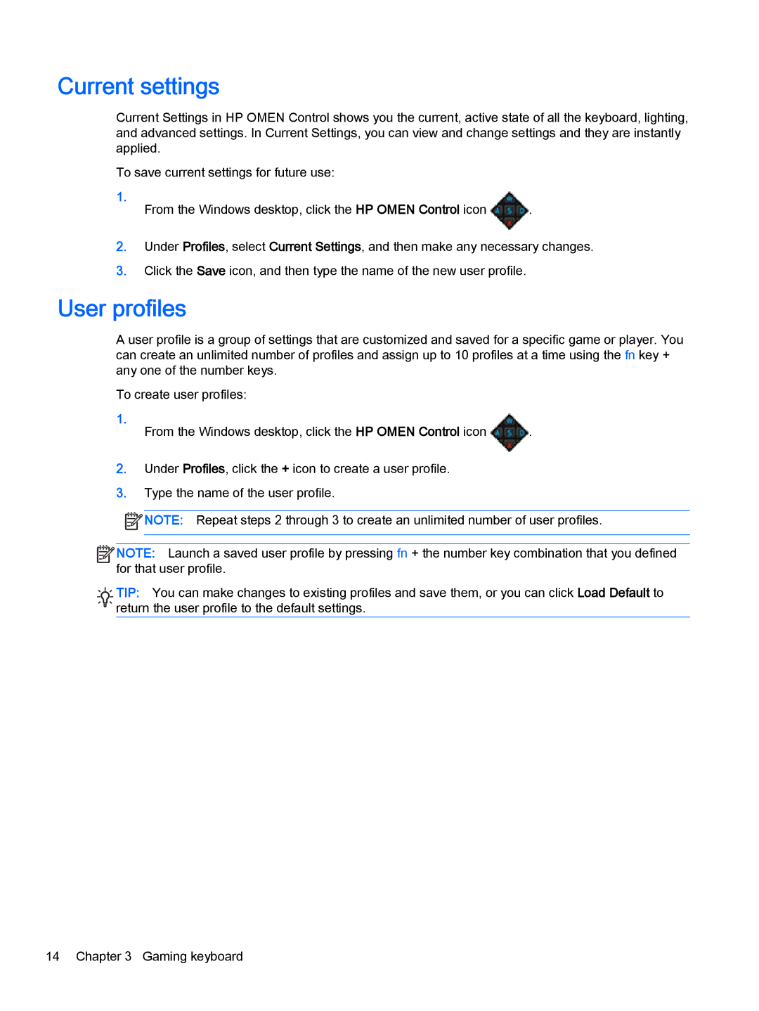 HP OMEN - 15t-5000 manual Current settings, User profiles 