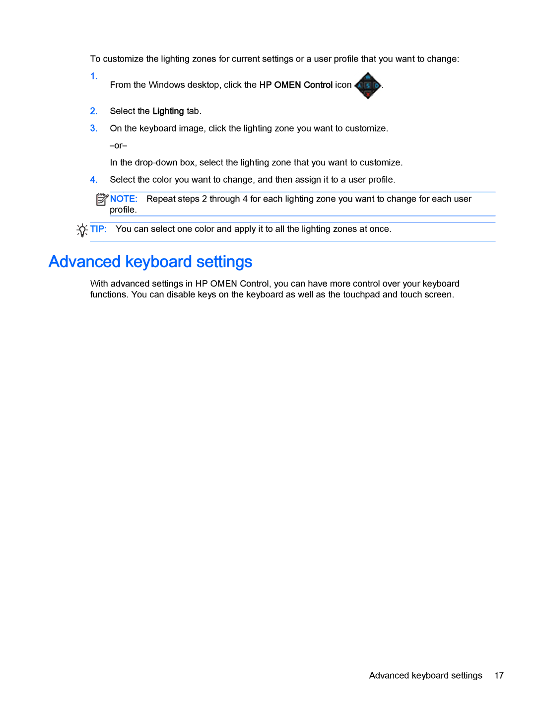 HP OMEN - 15t-5000 manual Advanced keyboard settings 