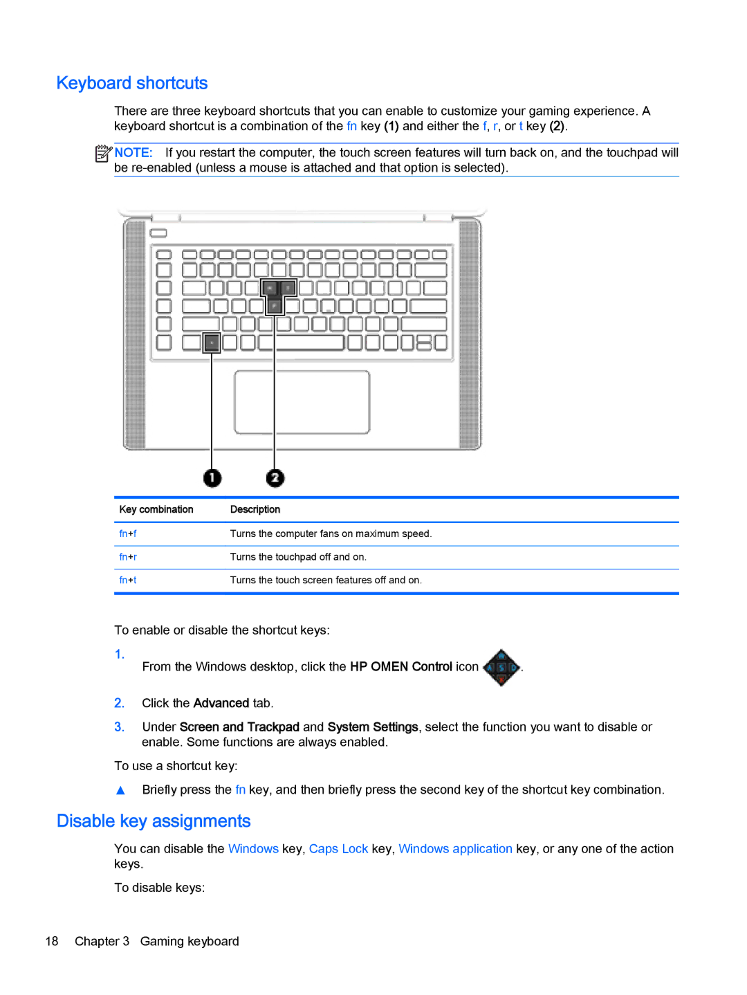 HP OMEN - 15t-5000 manual Keyboard shortcuts, Disable key assignments 