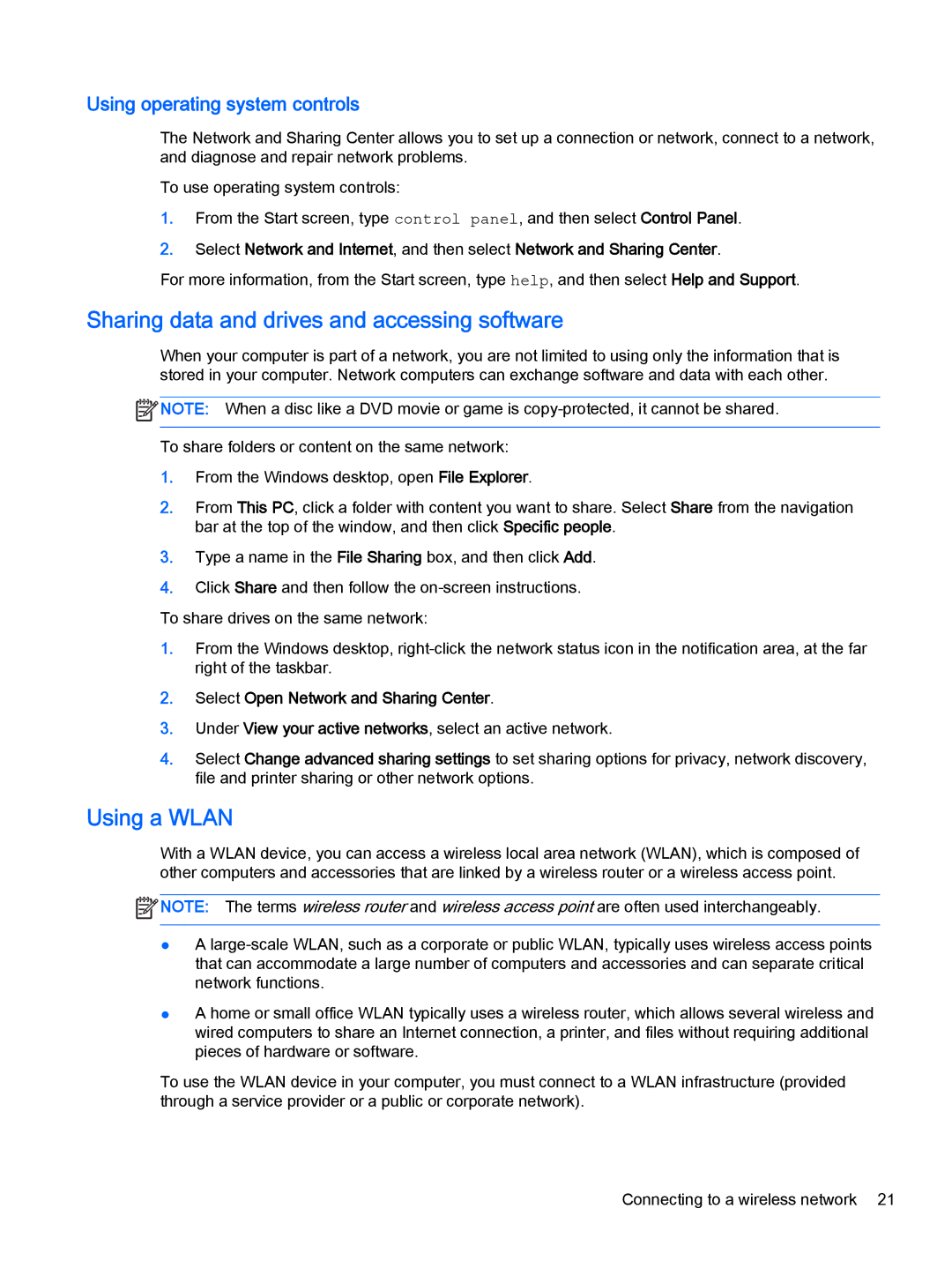 HP OMEN - 15t-5000 manual Sharing data and drives and accessing software, Using a Wlan, Using operating system controls 