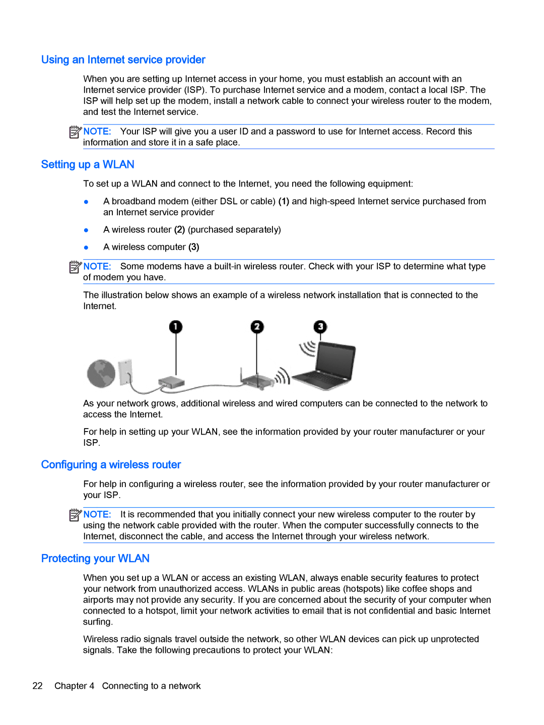 HP OMEN - 15t-5000 manual Using an Internet service provider, Setting up a Wlan, Configuring a wireless router 