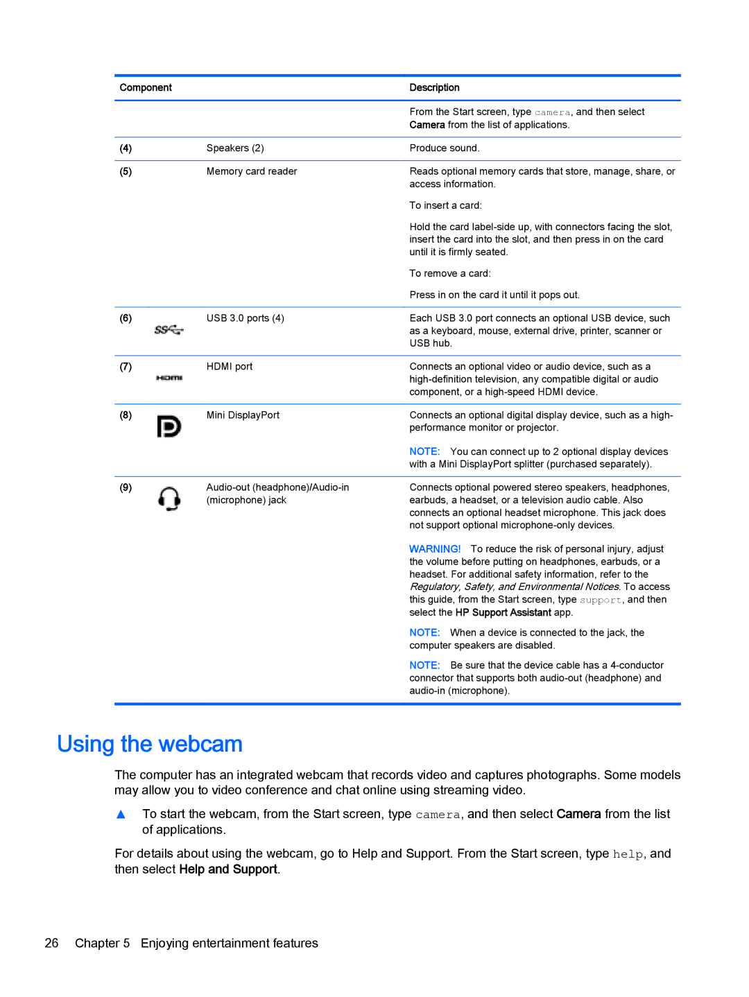 HP OMEN - 15t-5000 manual Using the webcam 