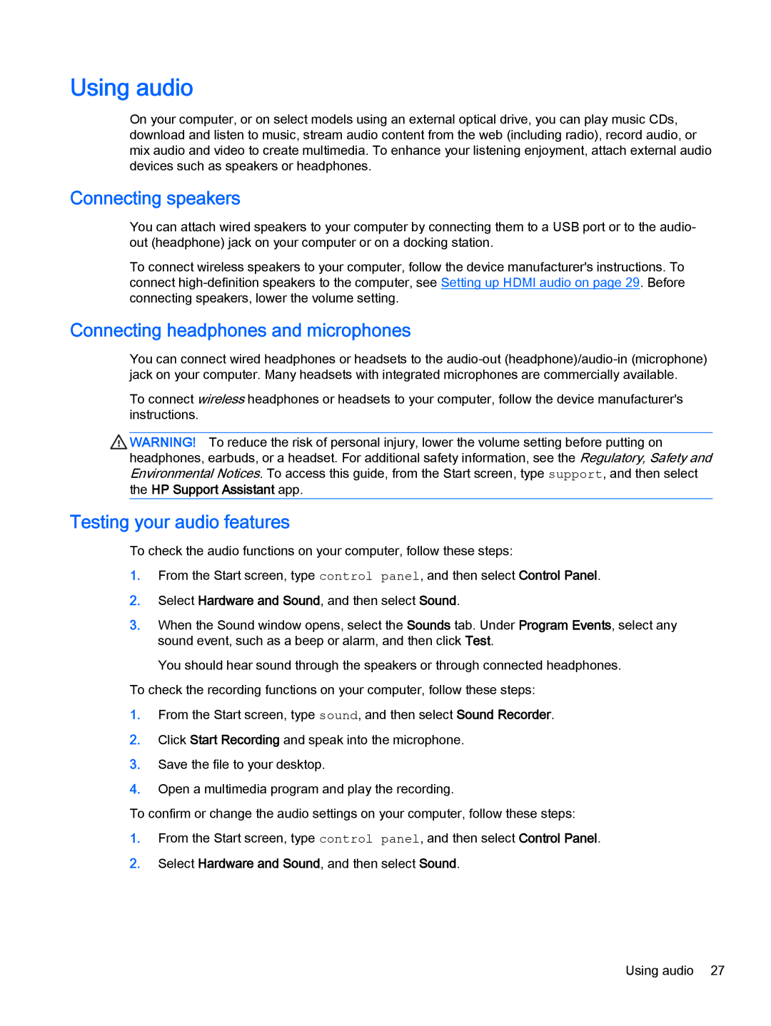 HP OMEN - 15t-5000 Using audio, Connecting speakers, Connecting headphones and microphones, Testing your audio features 