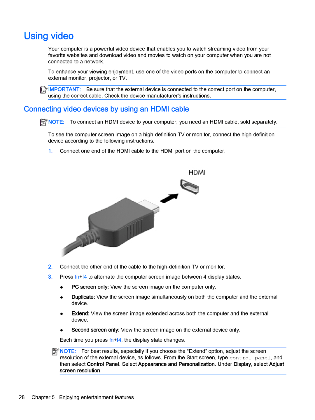 HP OMEN - 15t-5000 manual Using video, Connecting video devices by using an Hdmi cable 