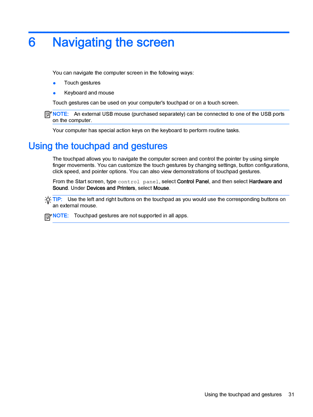 HP OMEN - 15t-5000 manual Navigating the screen, Using the touchpad and gestures 