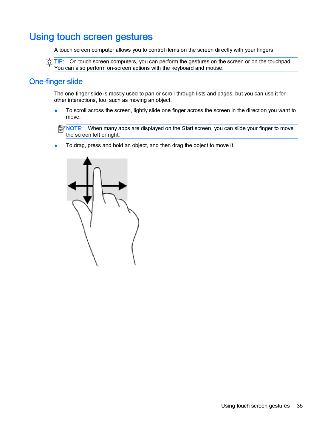 HP OMEN - 15t-5000 manual Using touch screen gestures, One-finger slide 