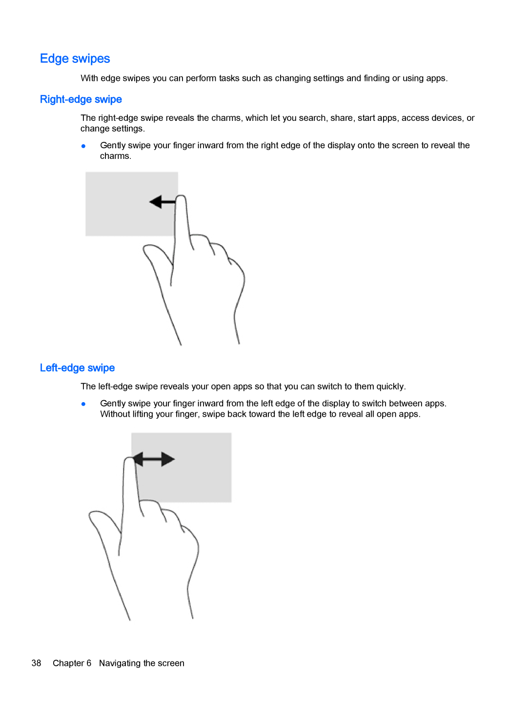 HP OMEN - 15t-5000 manual Edge swipes, Right-edge swipe, Left-edge swipe 
