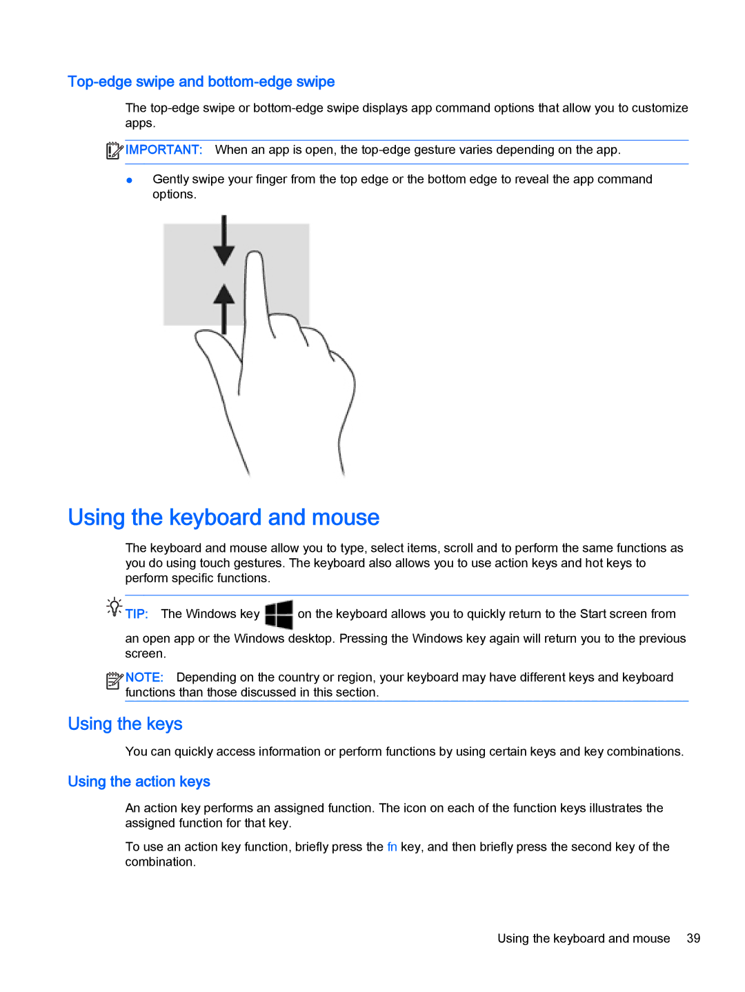 HP OMEN - 15t-5000 manual Using the keyboard and mouse, Using the keys, Top-edge swipe and bottom-edge swipe 