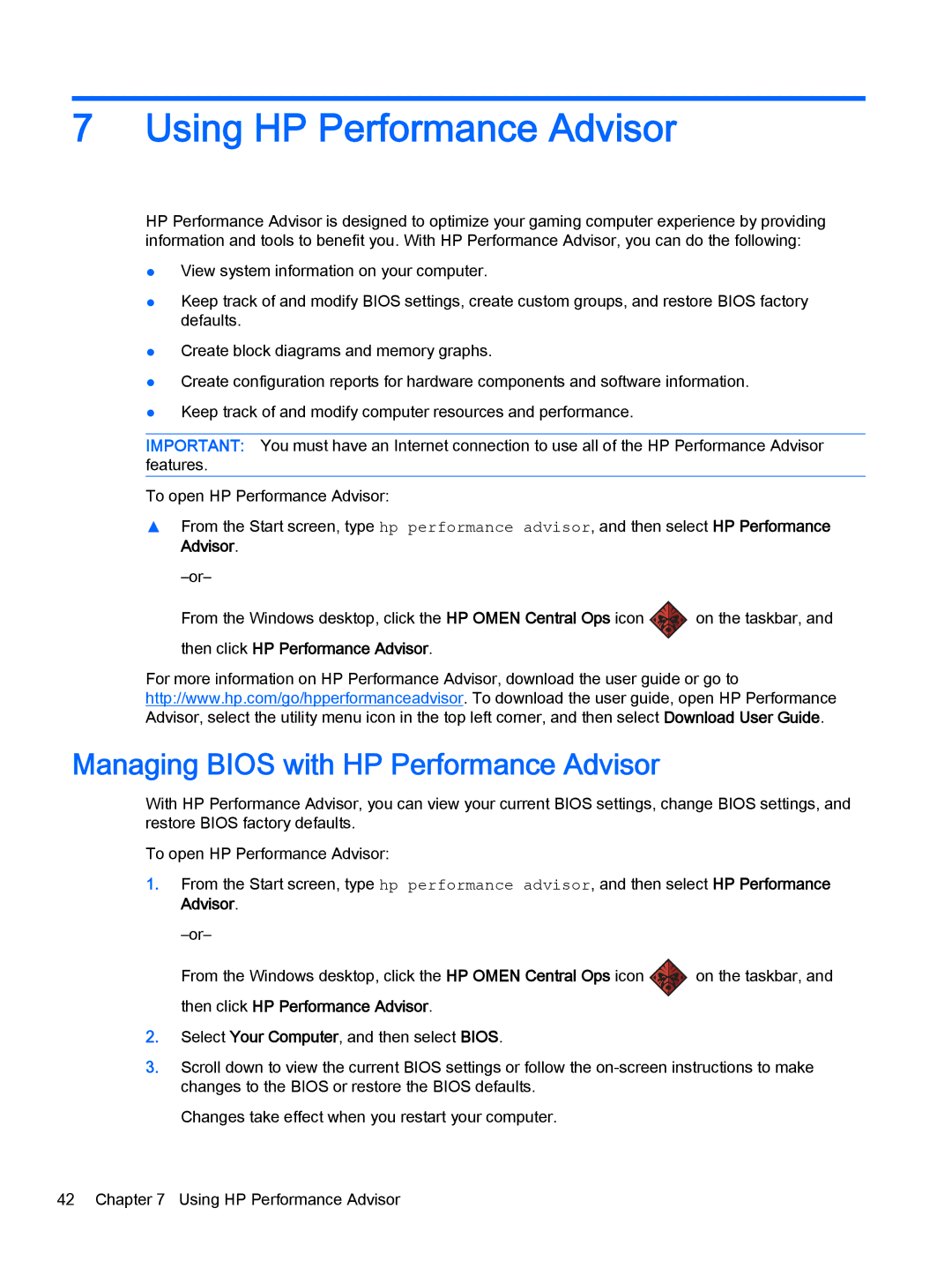 HP OMEN - 15t-5000 manual Using HP Performance Advisor, Managing Bios with HP Performance Advisor 