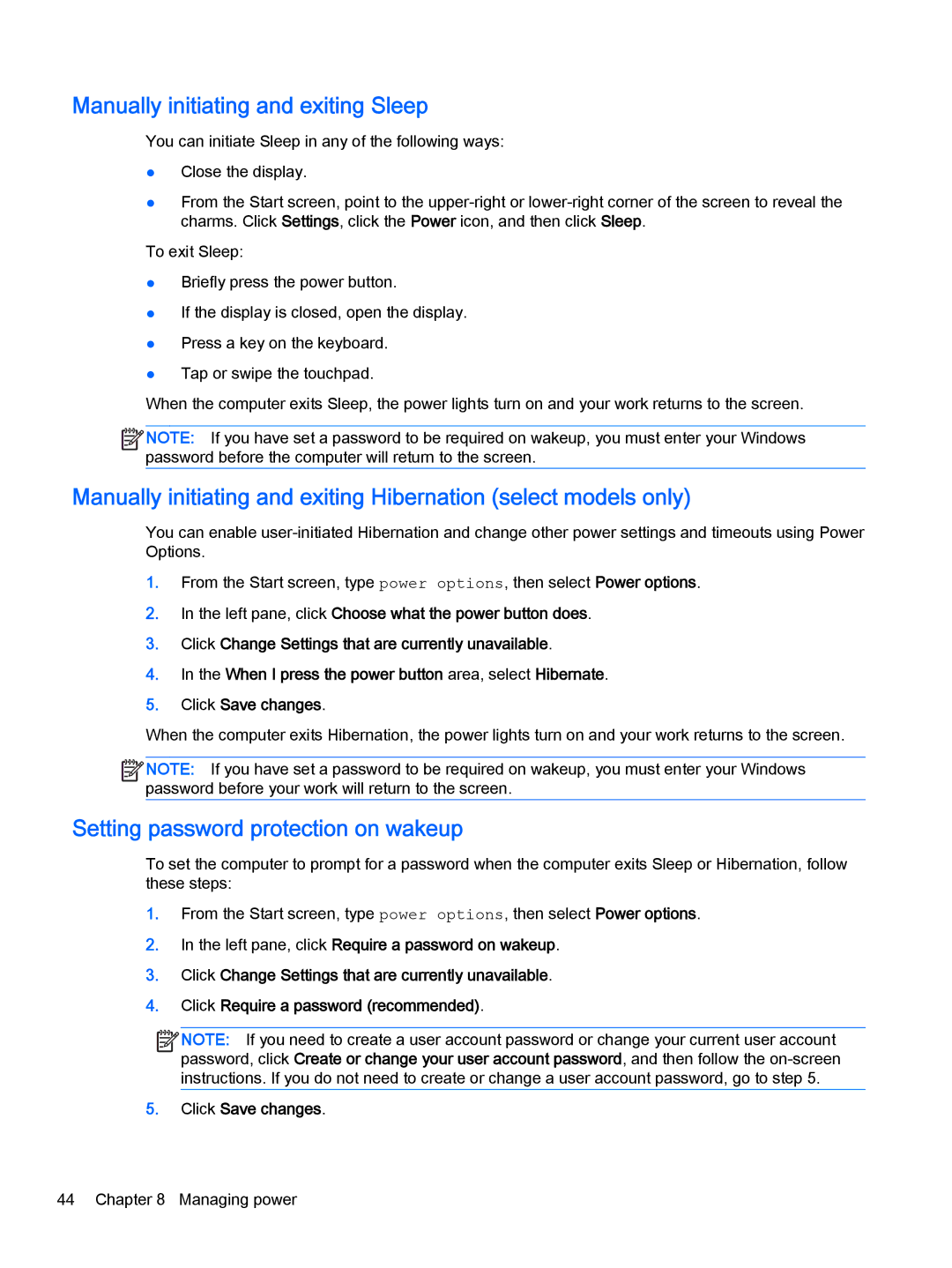 HP OMEN - 15t-5000 manual Manually initiating and exiting Sleep, Setting password protection on wakeup 