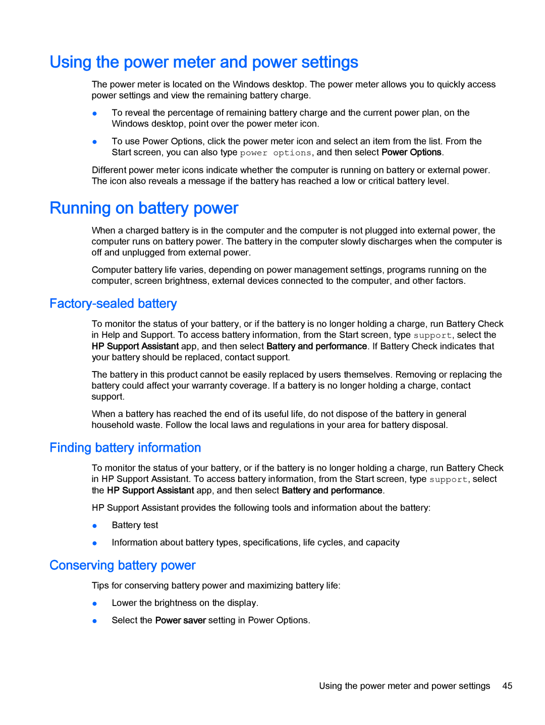 HP OMEN - 15t-5000 manual Using the power meter and power settings, Running on battery power, Factory-sealed battery 