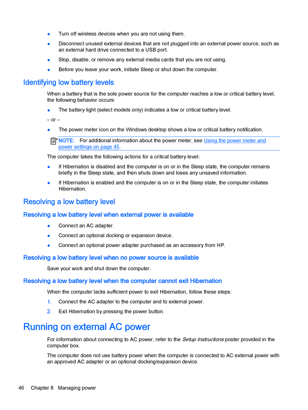 HP OMEN - 15t-5000 manual Running on external AC power, Identifying low battery levels, Resolving a low battery level 