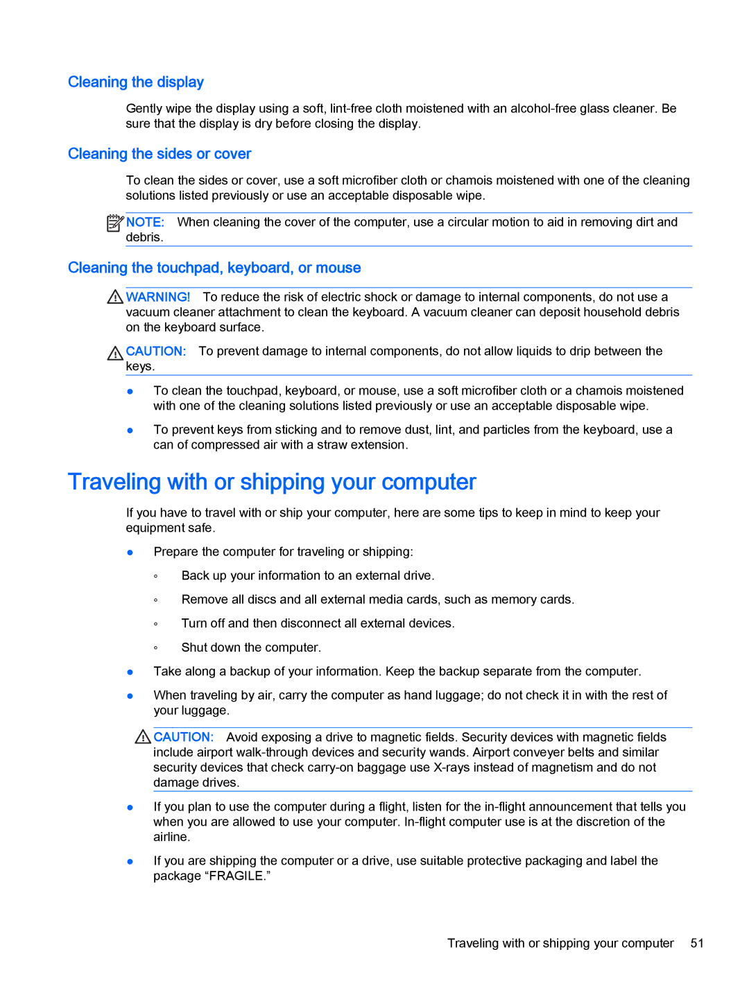 HP OMEN - 15t-5000 manual Traveling with or shipping your computer, Cleaning the display, Cleaning the sides or cover 