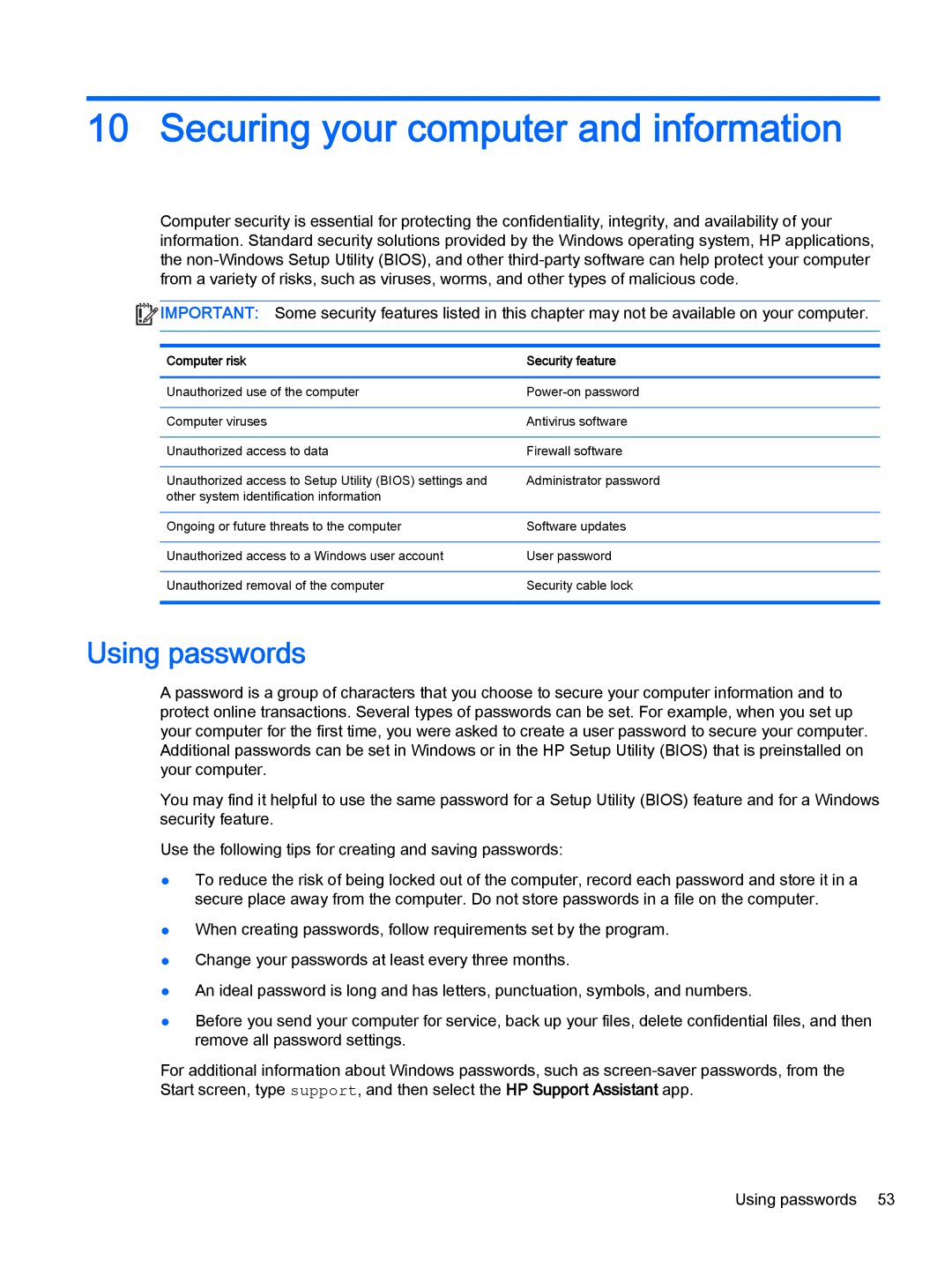 HP OMEN - 15t-5000 manual Securing your computer and information, Using passwords 