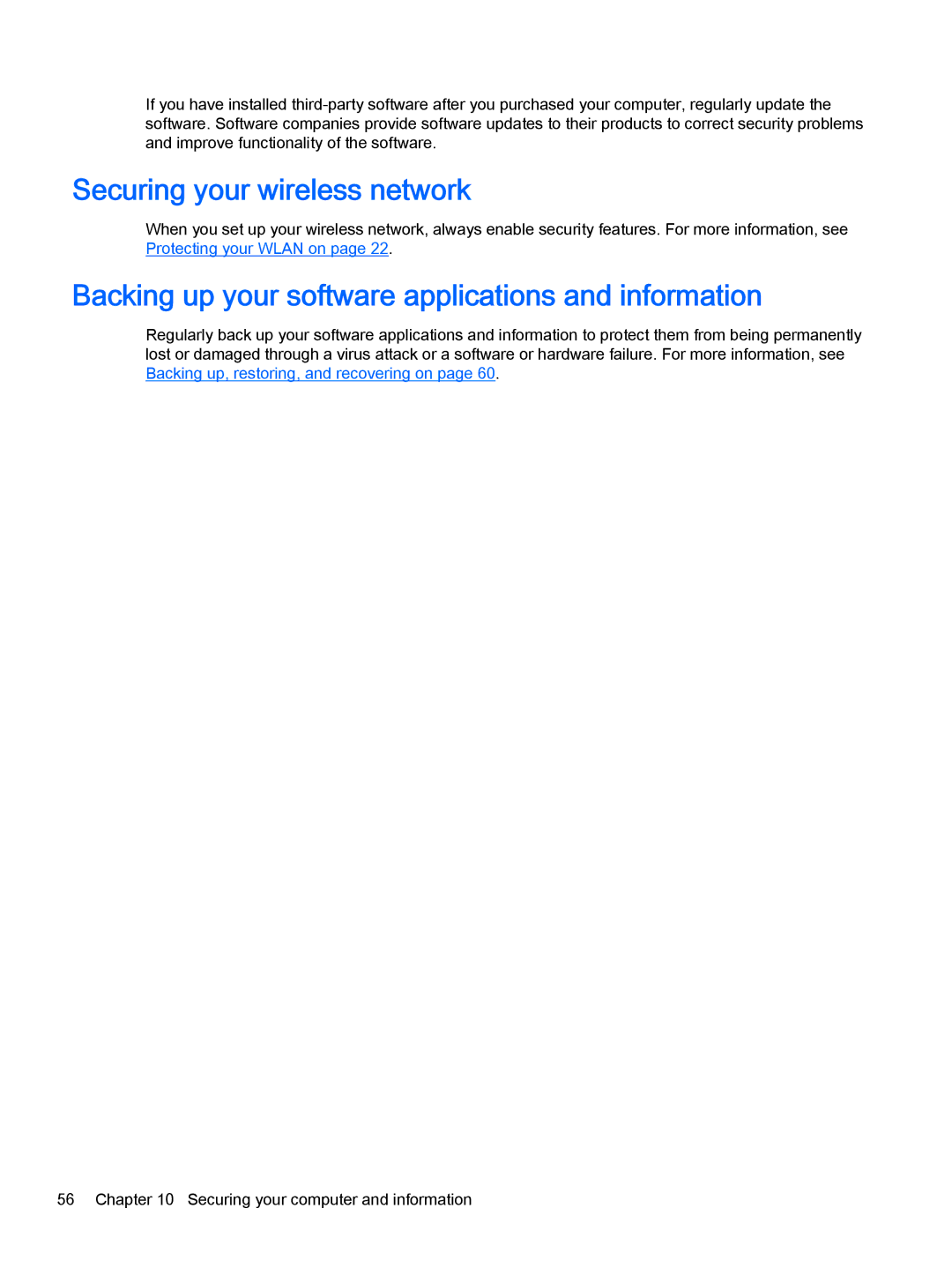 HP OMEN - 15t-5000 manual Securing your wireless network, Backing up your software applications and information 